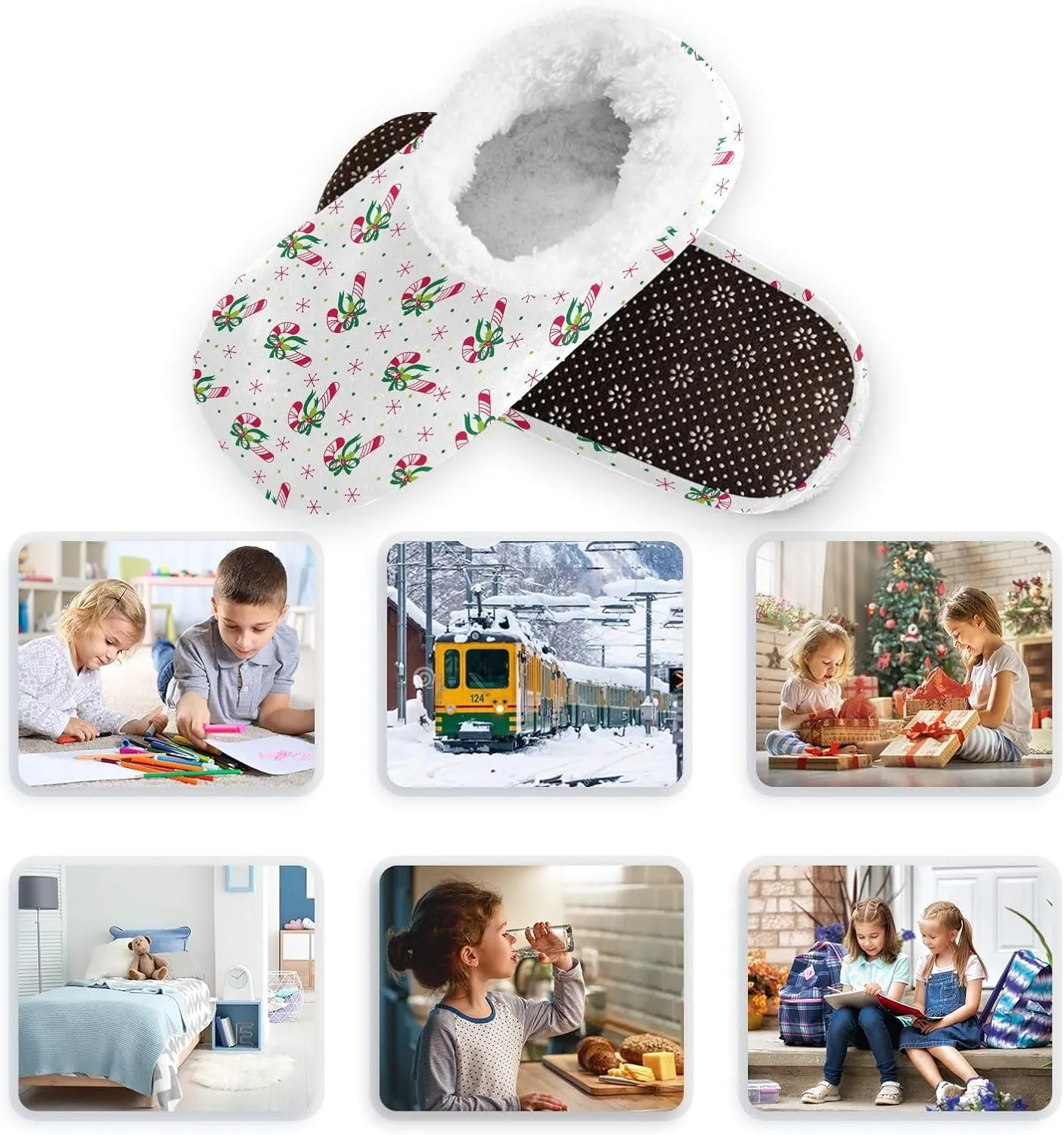 Kids Winter Slippers for Boys Girls Christmas Candy Cane Snowflake Warm Soft Non Slip House Slippers Children Indoor