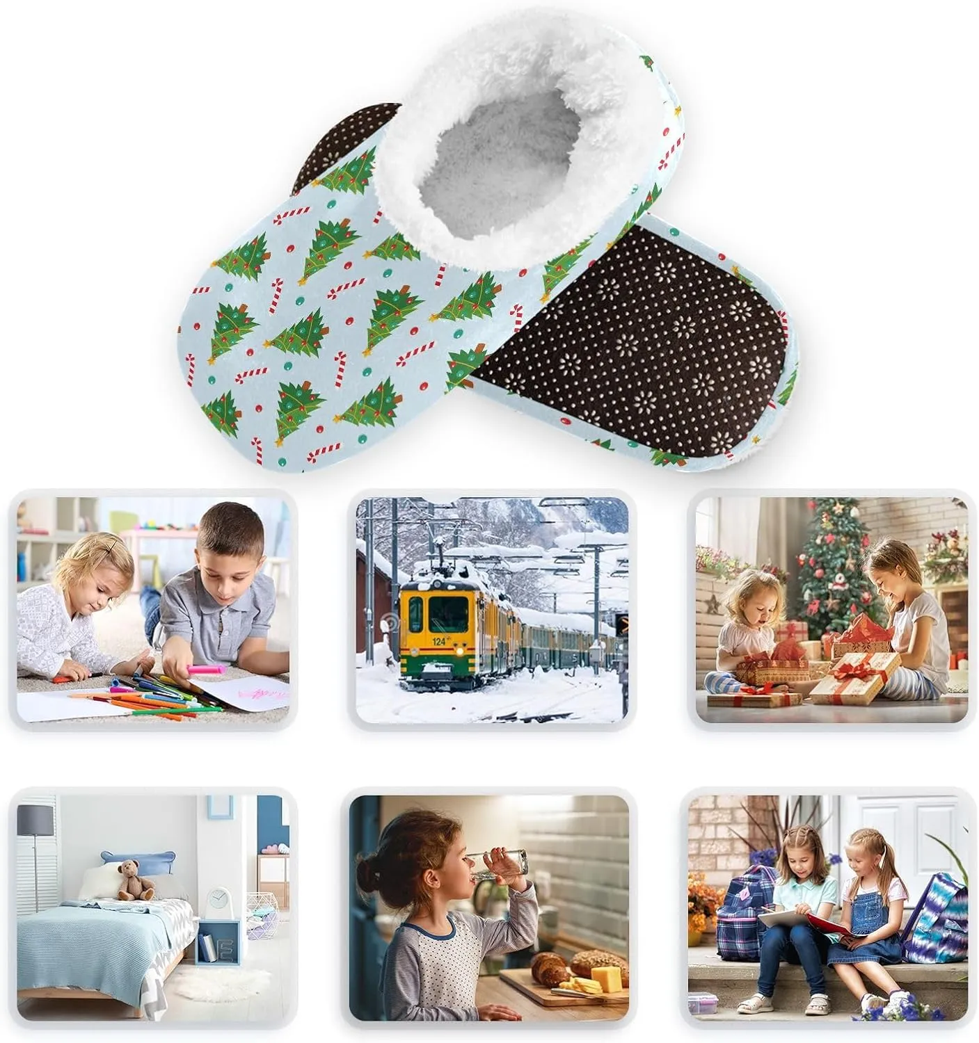 Kids Winter Slippers for Boys Girls Christmas Tree and Candy Cane Warm Soft Non Slip House Slippers Children Indoor