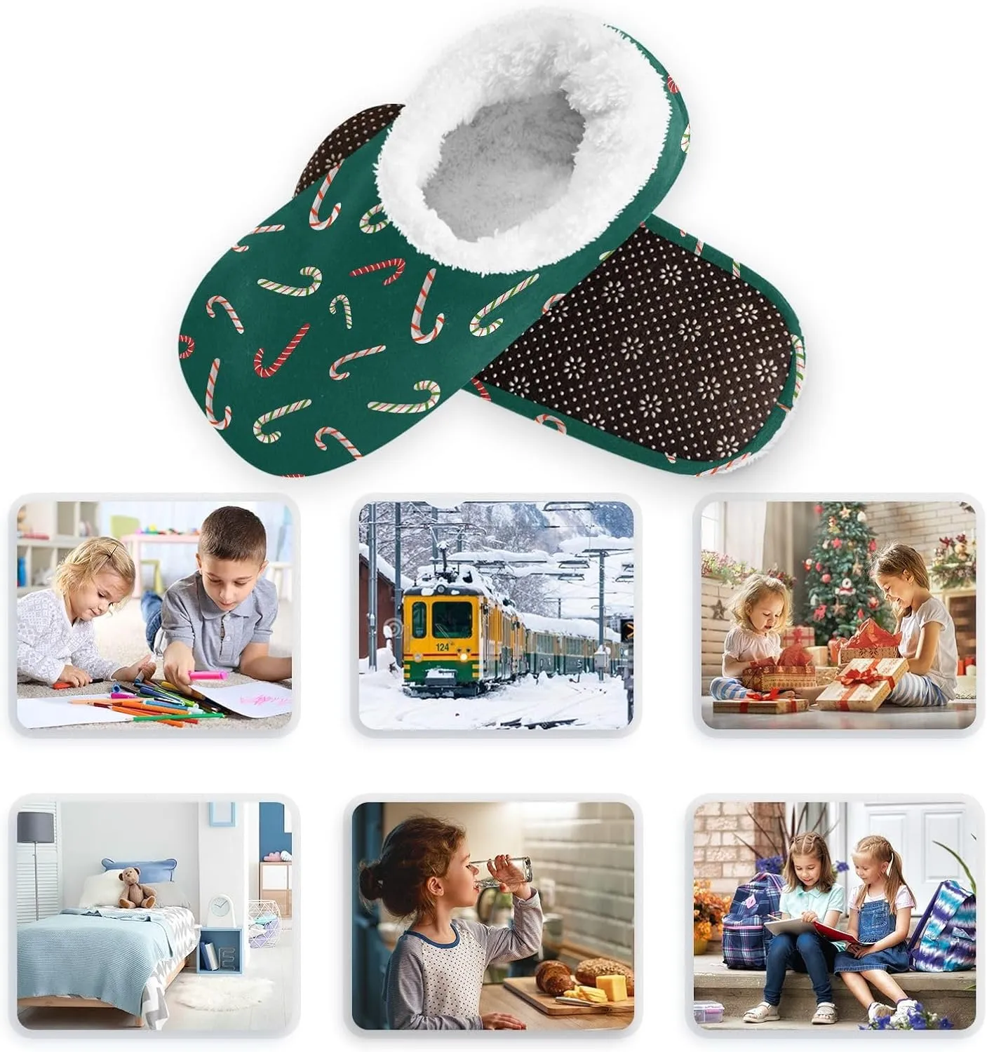 Kids Winter Slippers for Boys Girls Colorful Candy Cane Christmas Warm Soft Non Slip House Slippers Children Indoor