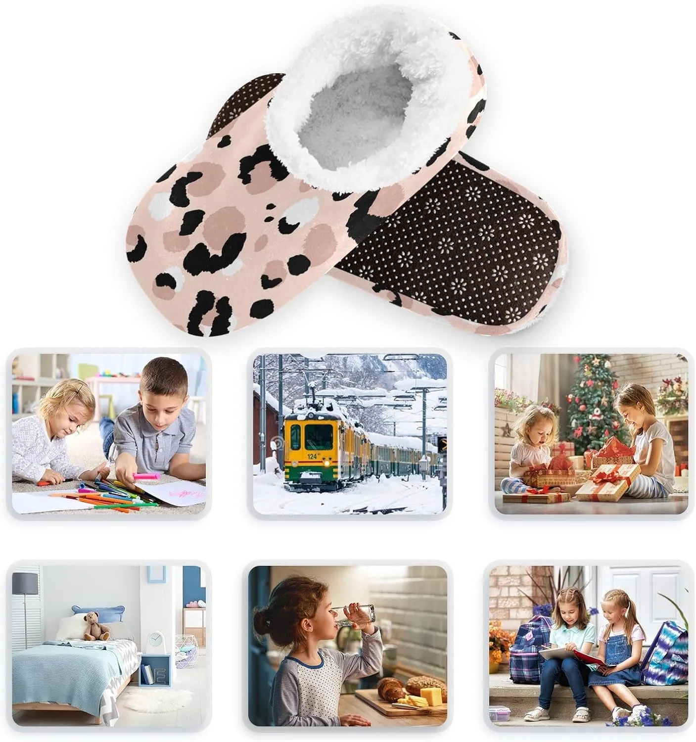 Kids Winter Slippers for Boys Girls Leopard Animal Print Skin Warm Soft Non Slip House Slippers Children Indoor