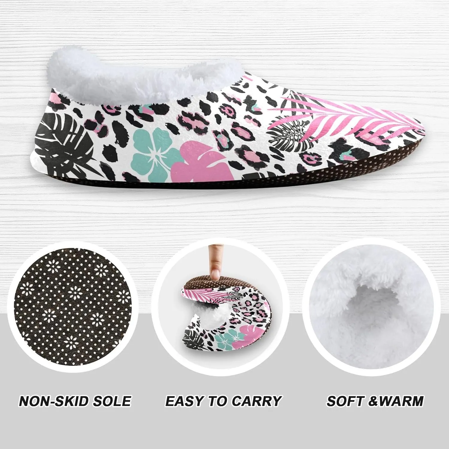 Kids Winter Slippers for Boys Girls Leopard Print Pink Palm Leaf Warm Soft Non Slip House Slippers Children Indoor