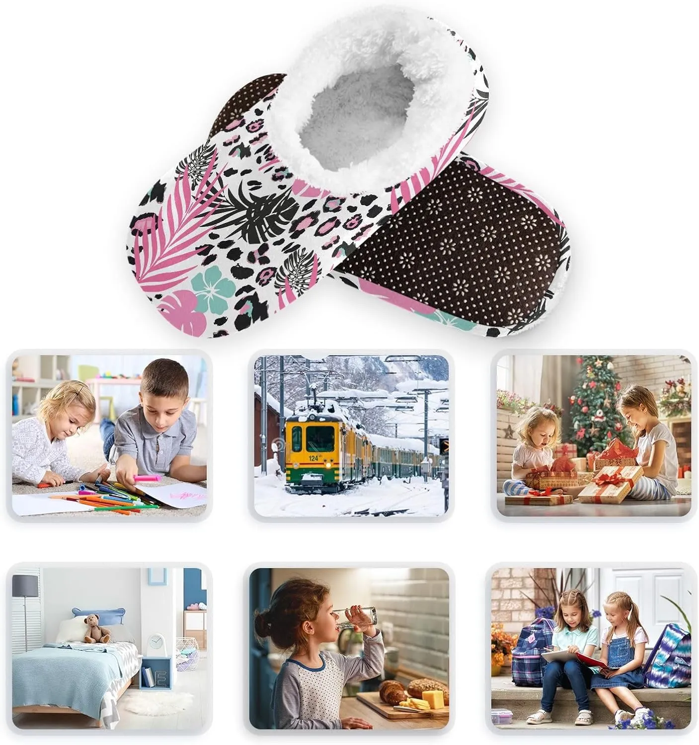 Kids Winter Slippers for Boys Girls Leopard Print Pink Palm Leaf Warm Soft Non Slip House Slippers Children Indoor