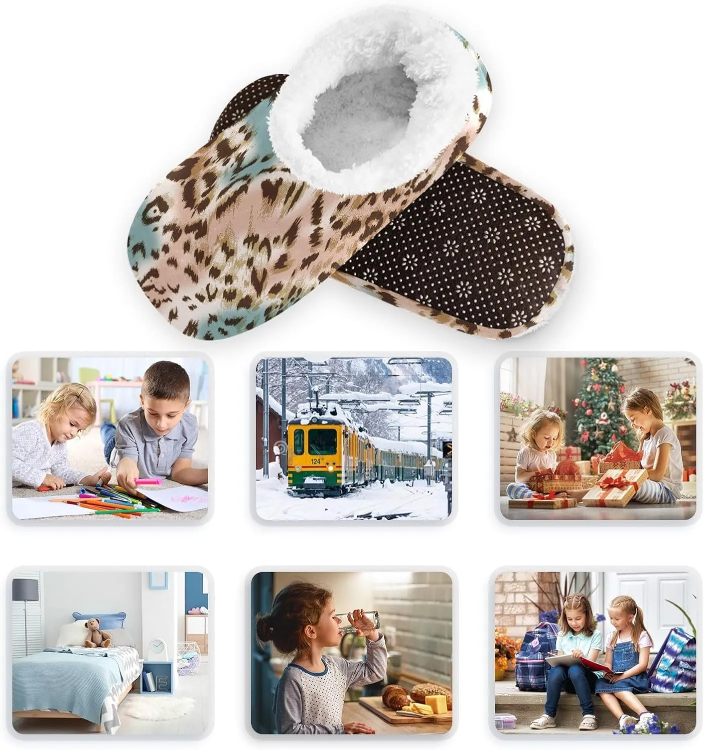 Kids Winter Slippers for Boys Girls Leopard Retro Animal Print Warm Soft Non Slip House Slippers Children Indoor