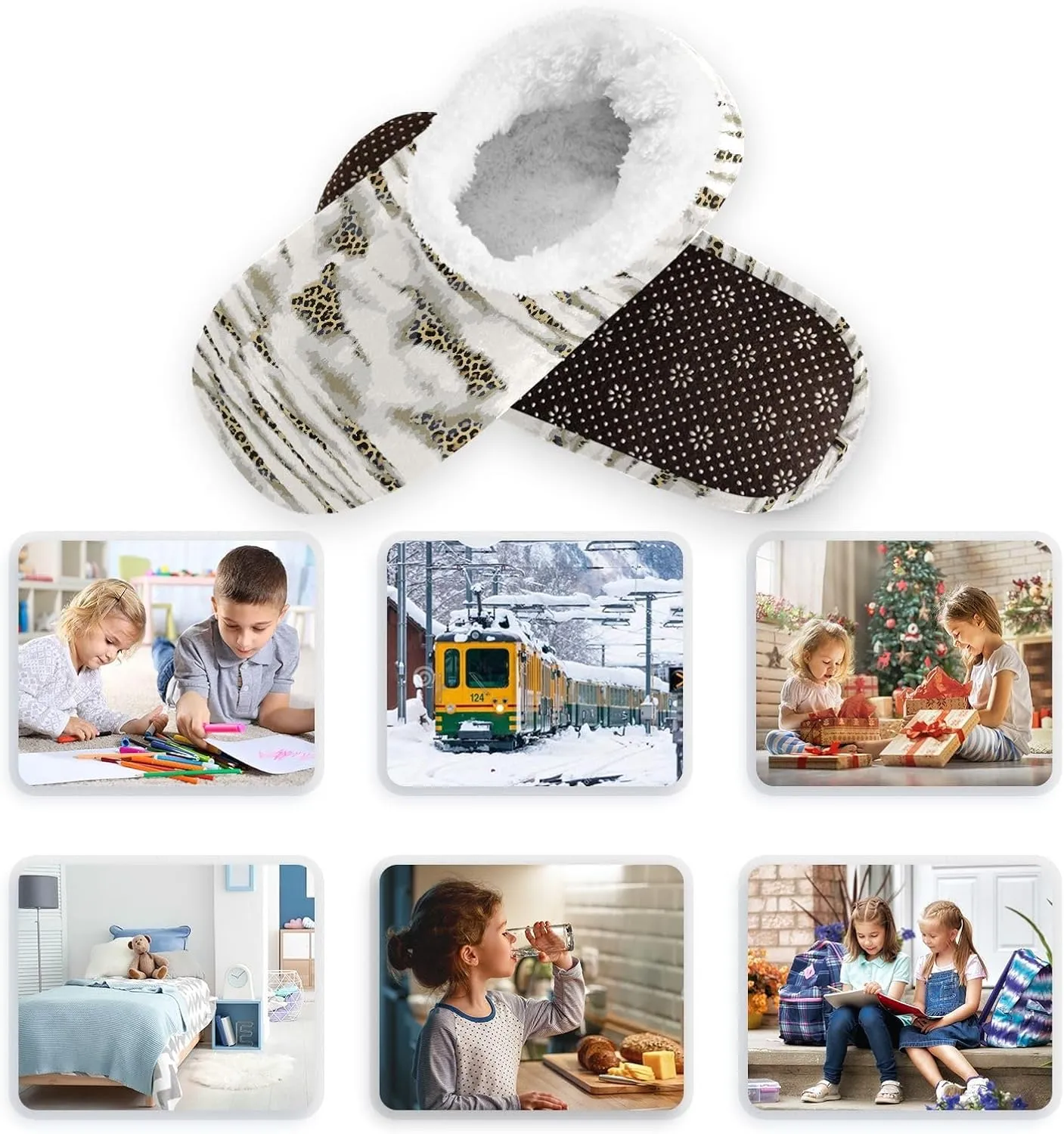 Kids Winter Slippers for Boys Girls Leopard Retro Print Vintage Warm Soft Non Slip House Slippers Children Indoor