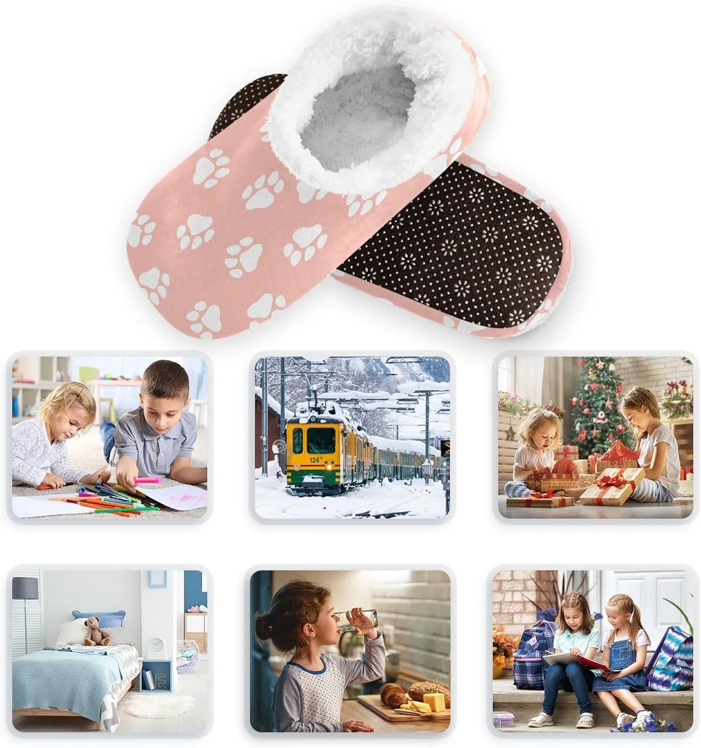 Kids Winter Slippers for Boys Girls Pink Paws Animal Print Warm Soft Non Slip House Slippers Children Indoor