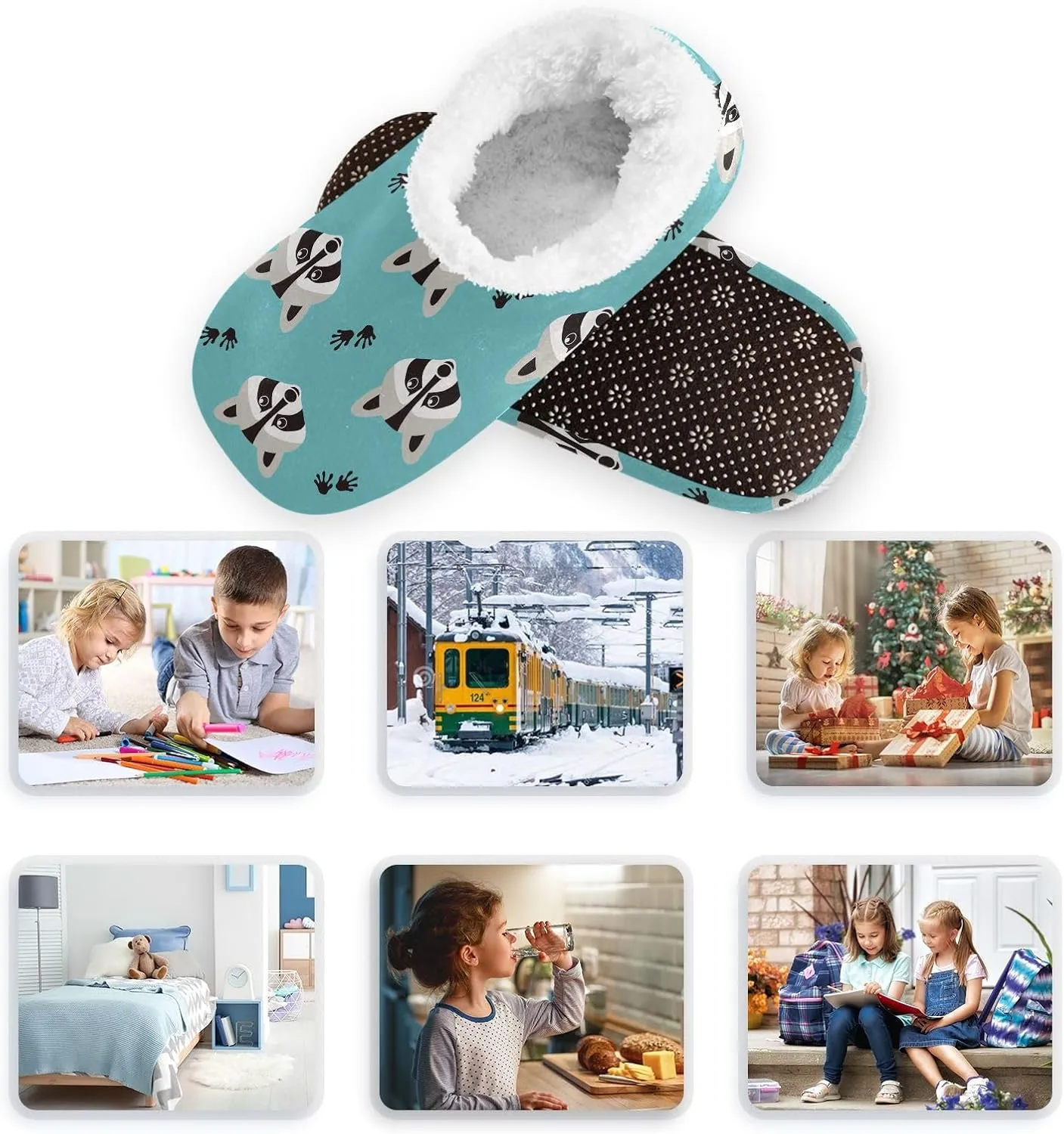 Kids Winter Slippers for Boys Girls Raccoon Paw Animal Print Warm Soft Non Slip House Slippers Children Indoor