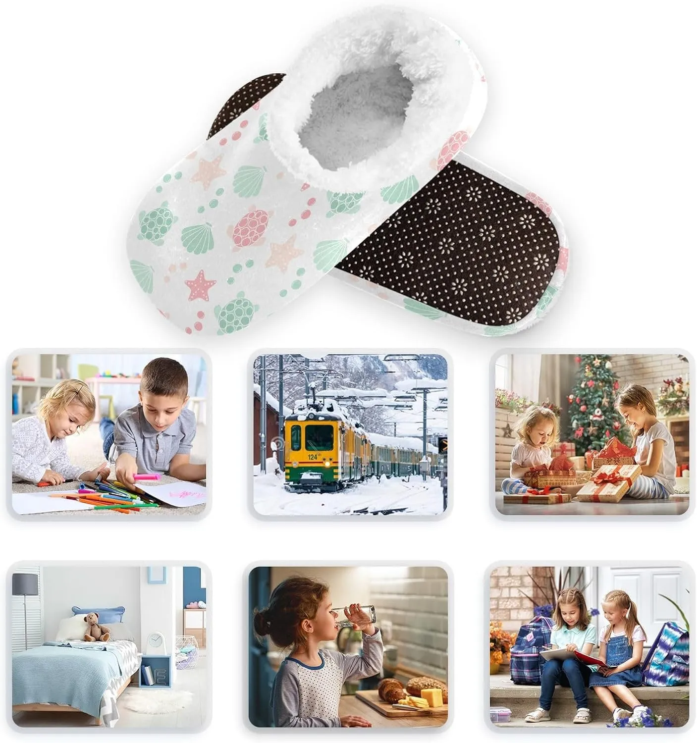 Kids Winter Slippers for Boys Girls Sea Turtle Starfish Seashell Warm Soft Non Slip House Slippers Children Indoor