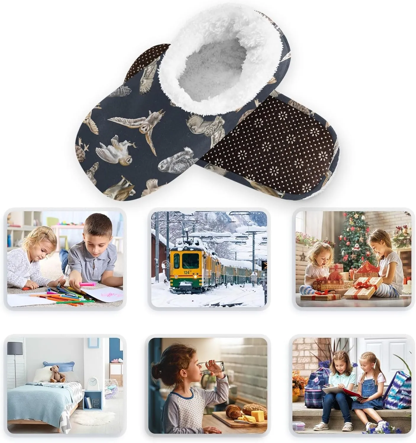 Kids Winter Slippers for Boys Girls Watercolor Bird Owl Warm Soft Non Slip House Slippers Children Indoor