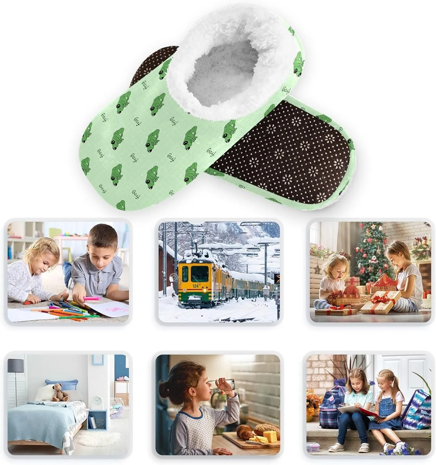 Kids Winter Slippers Frog Cartoon Green Funny Animal Warm Soft Non Slip House Slippers for Boys Girls Indoor