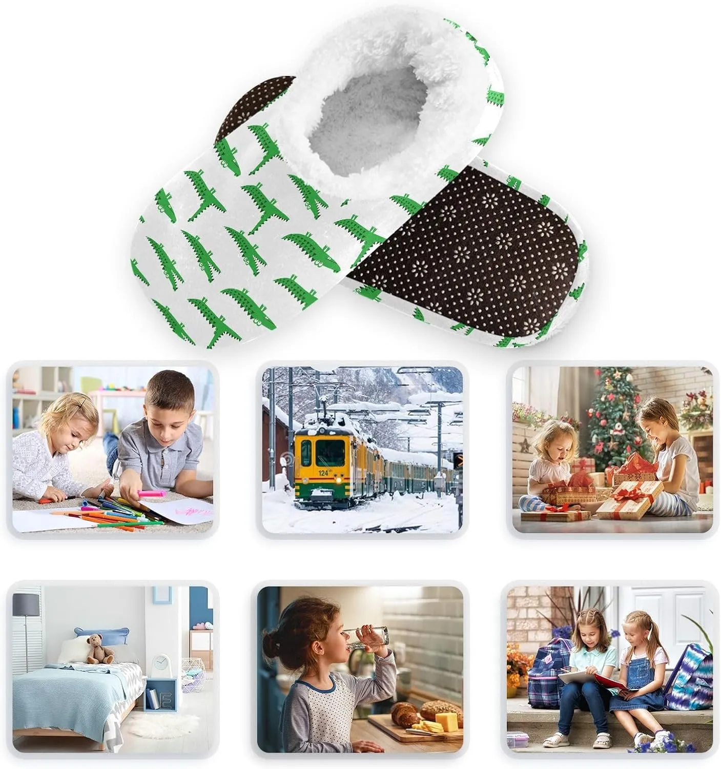 Kids Winter Slippers Funny Crocodile Pattern Doodle Animal Warm Soft Non Slip House Slippers for Boys Girls Indoor