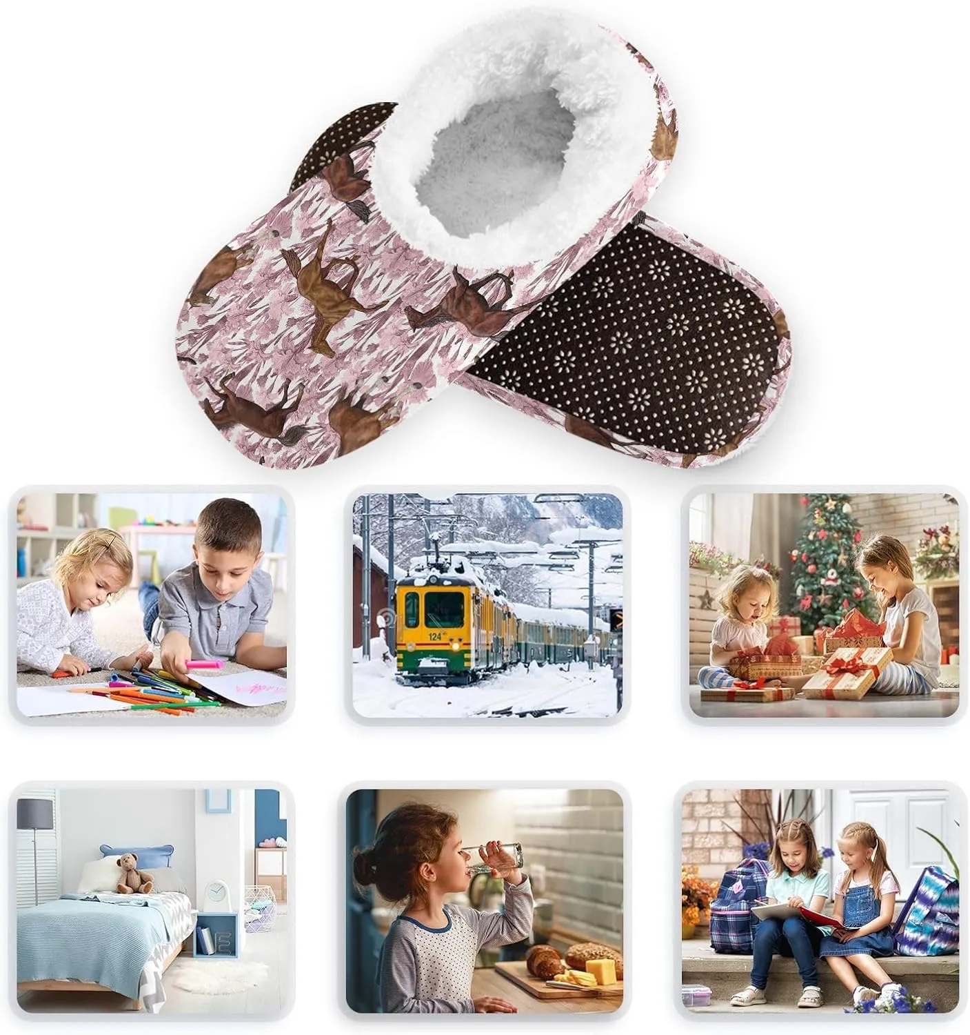 Kids Winter Slippers Horse Seamless Floral Retro Animal Warm Soft Non Slip House Slippers for Boys Girls Indoor