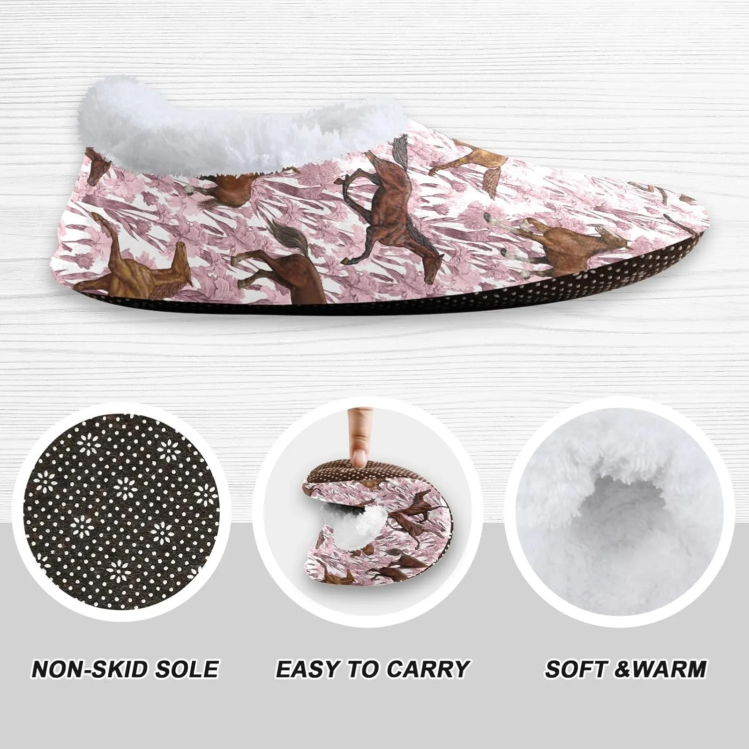 Kids Winter Slippers Horse Seamless Floral Retro Animal Warm Soft Non Slip House Slippers for Boys Girls Indoor