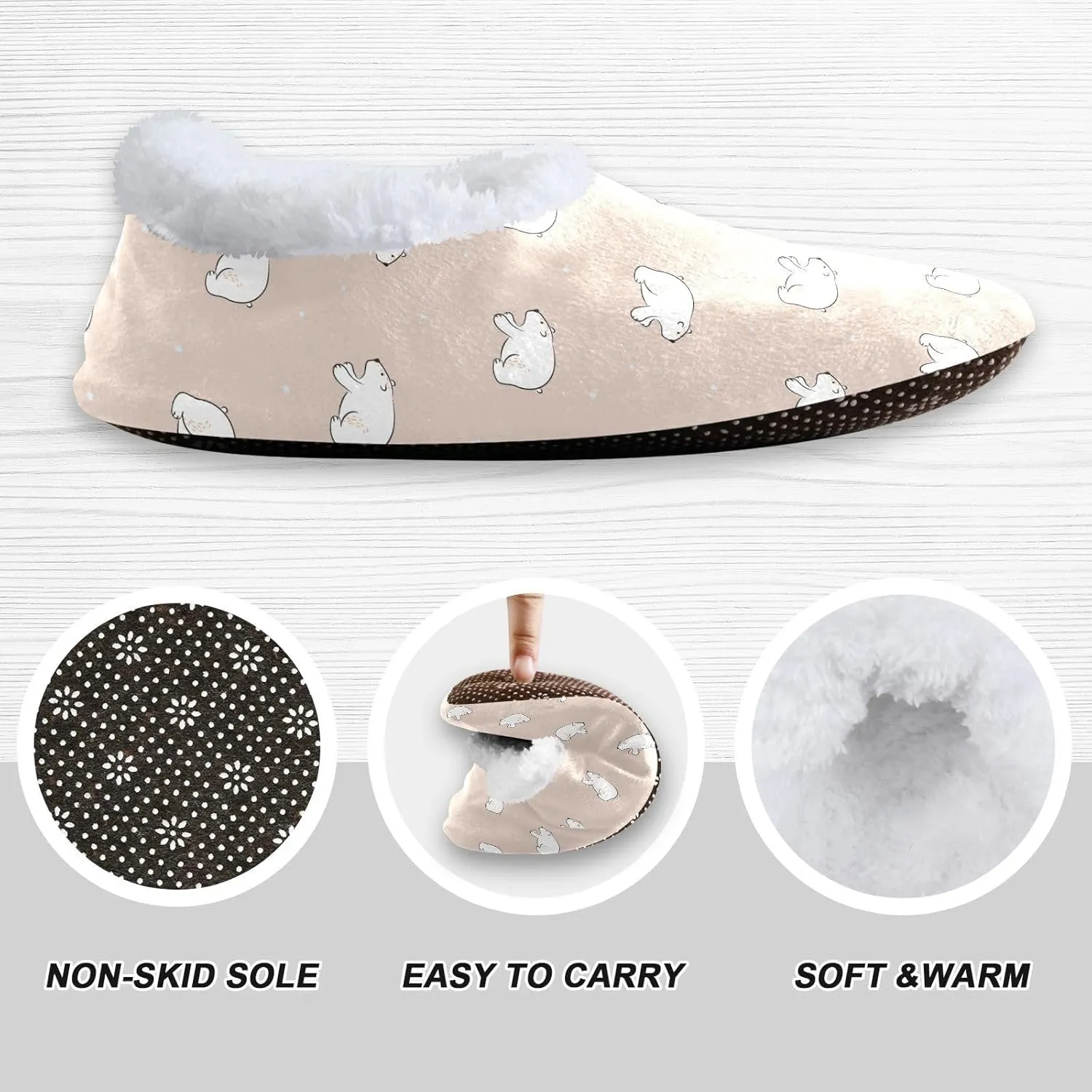 Kids Winter Slippers Polar Bear Hand Drawn Cartoon Animal Warm Soft Non Slip House Slippers for Boys Girls Indoor