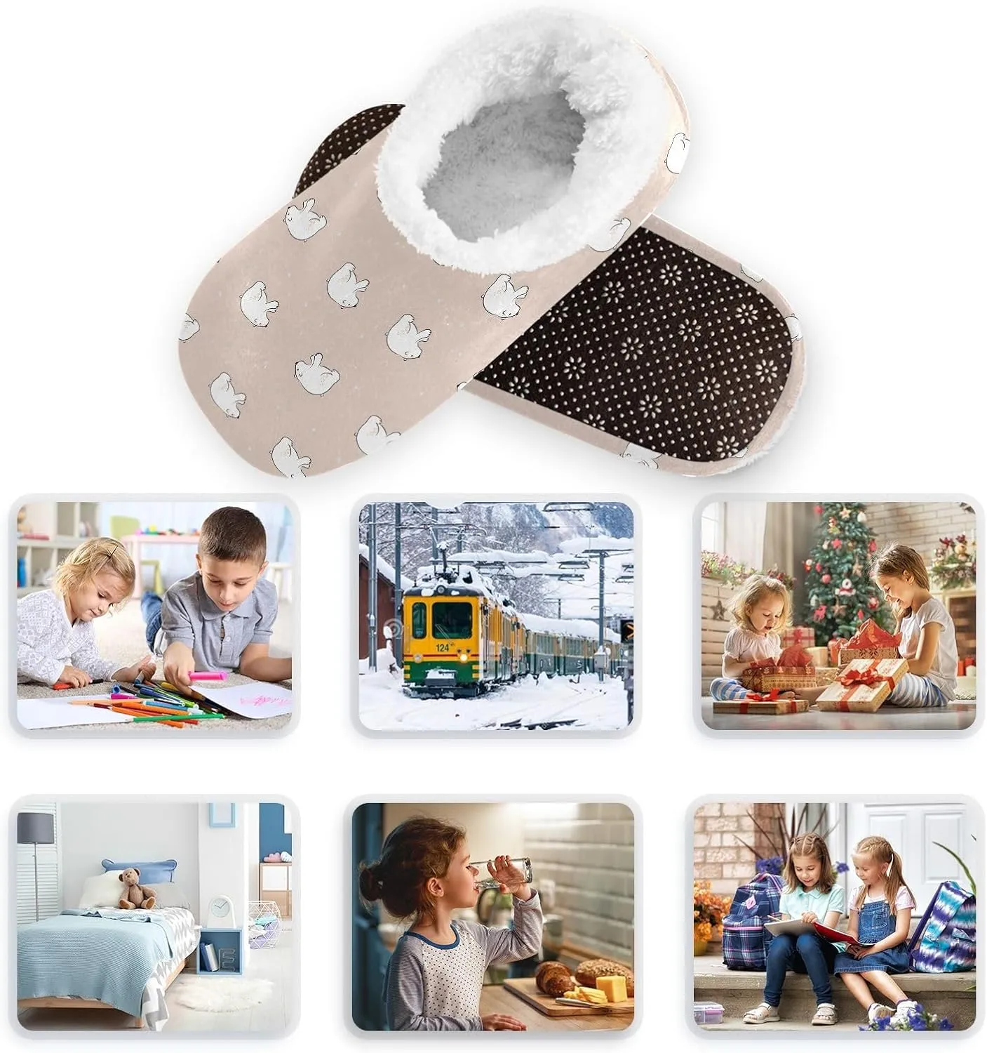 Kids Winter Slippers Polar Bear Hand Drawn Cartoon Animal Warm Soft Non Slip House Slippers for Boys Girls Indoor