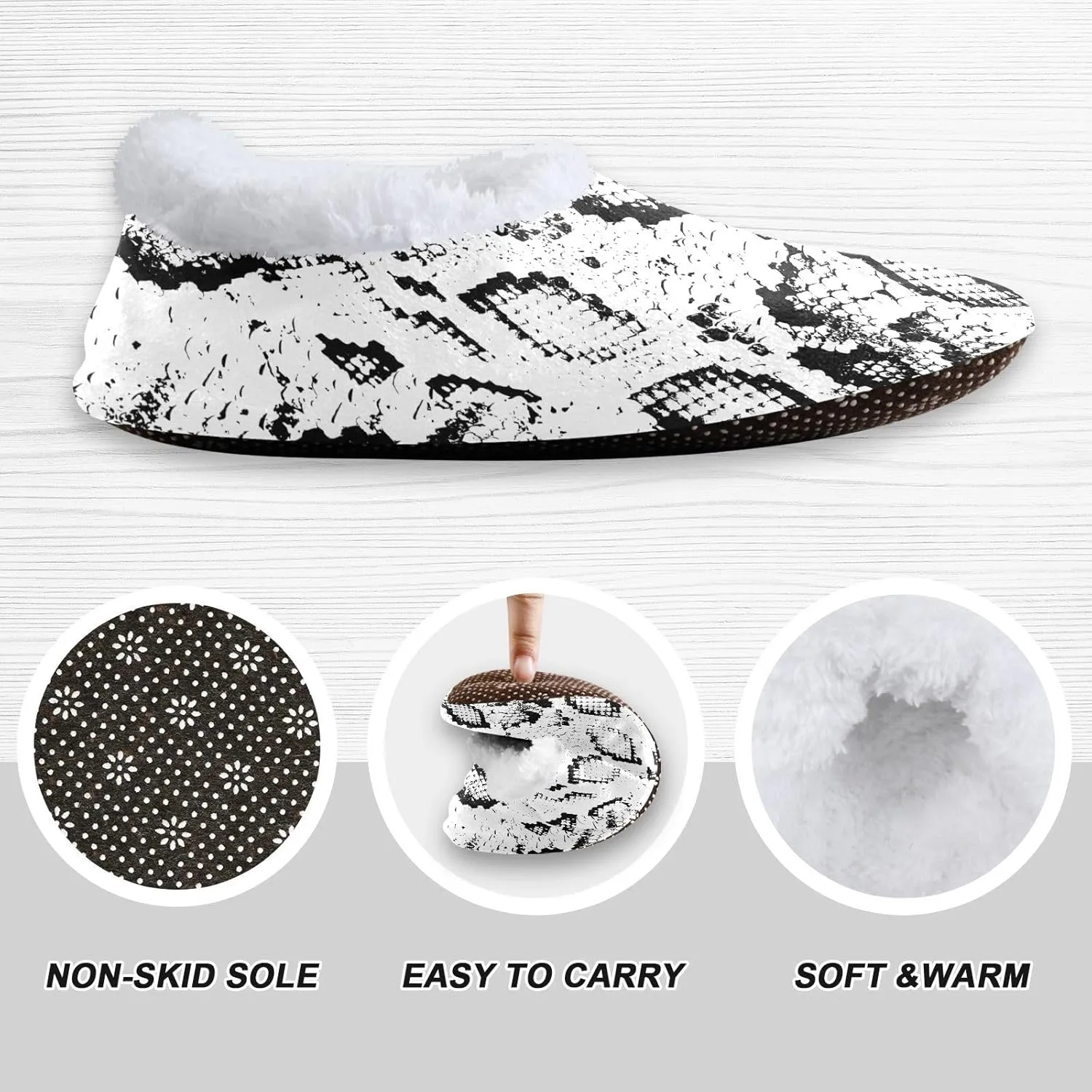 Kids Winter Slippers Snake Skin Textured Animal Black White Warm Soft Non Slip House Slippers for Boys Girls Indoor