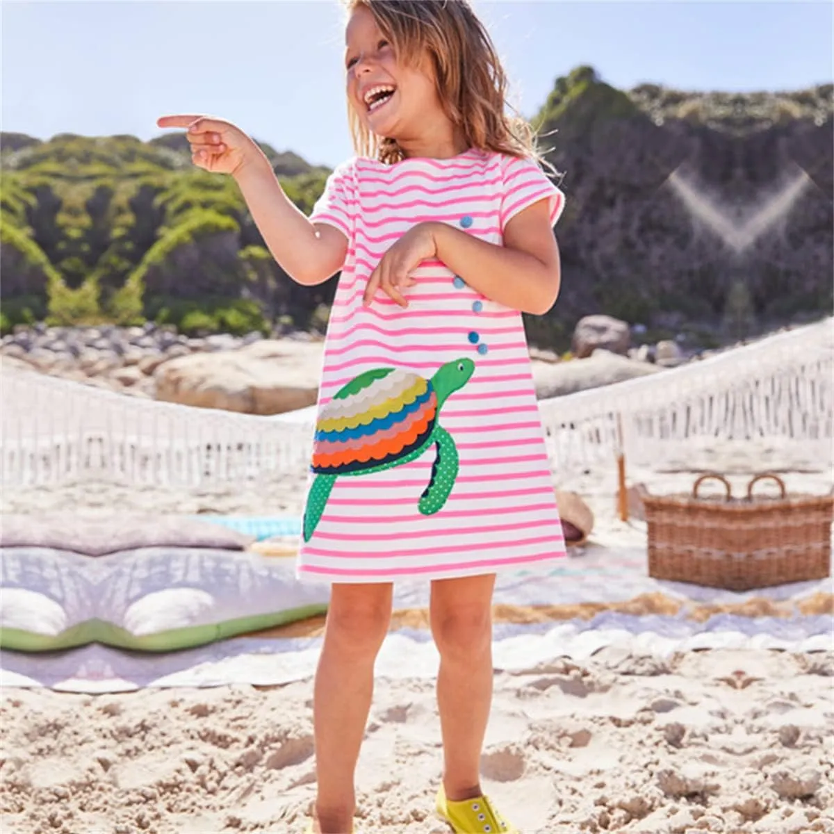 KISSOURBABY Little Girls Soft Summer Cotton Short Sleeve Dresses T-Shirt Casual Cartoon Dress
