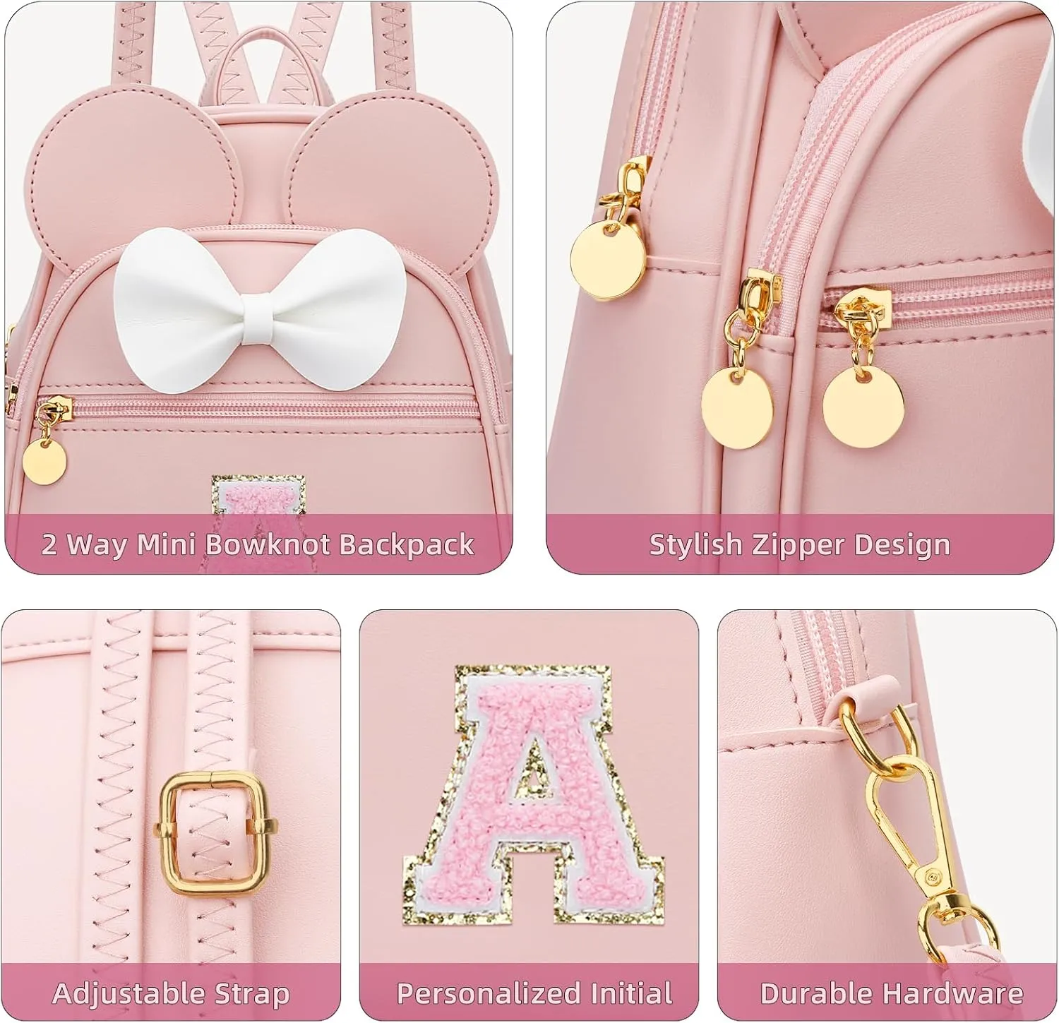 KKXIU Girls Initial Bowknot Cute Mini Backpack Small Women Daypacks, Personalized Trendy Stuff Gifts for Kids and Teen (A, Pink)