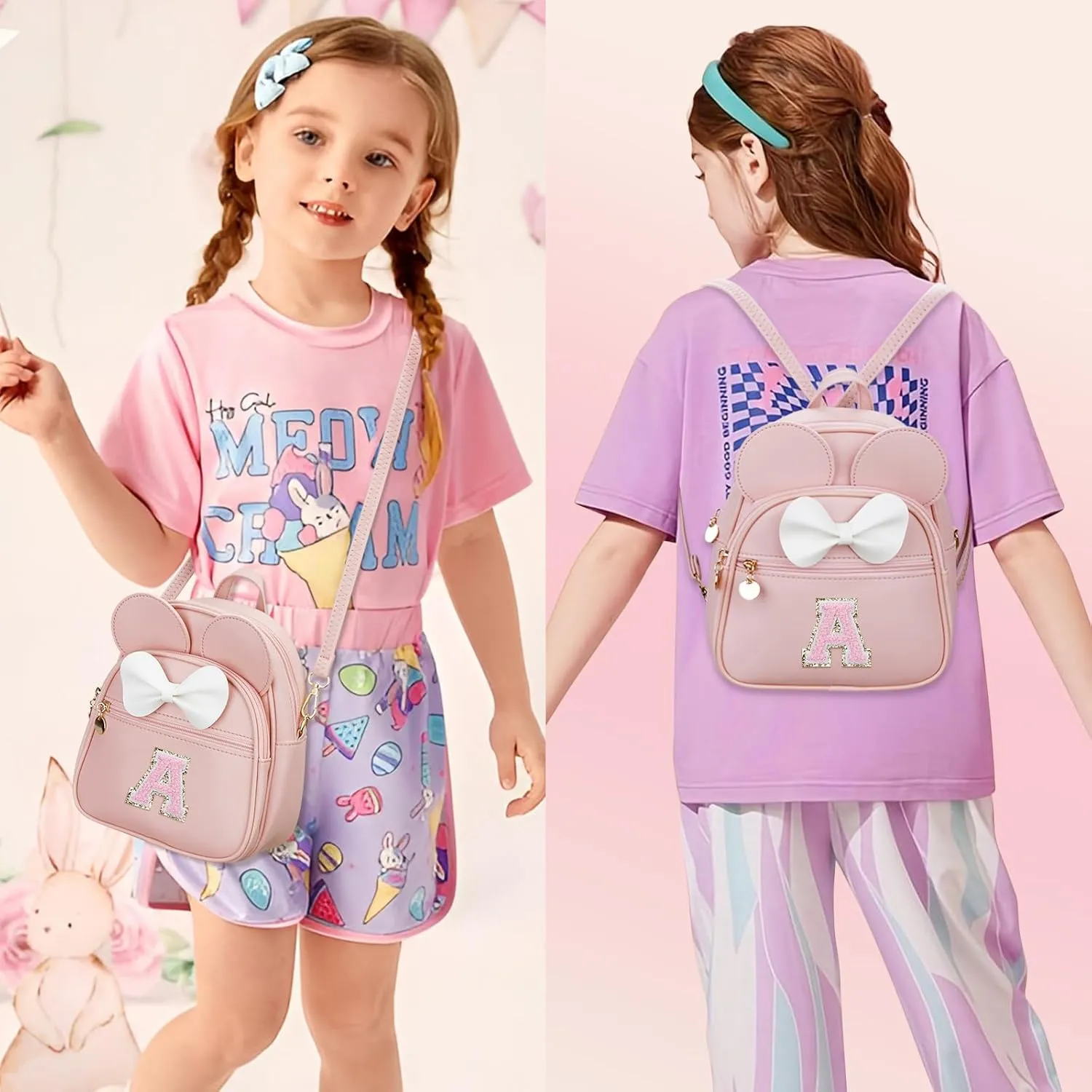 KKXIU Girls Initial Bowknot Cute Mini Backpack Small Women Daypacks, Personalized Trendy Stuff Gifts for Kids and Teen (A, Pink)
