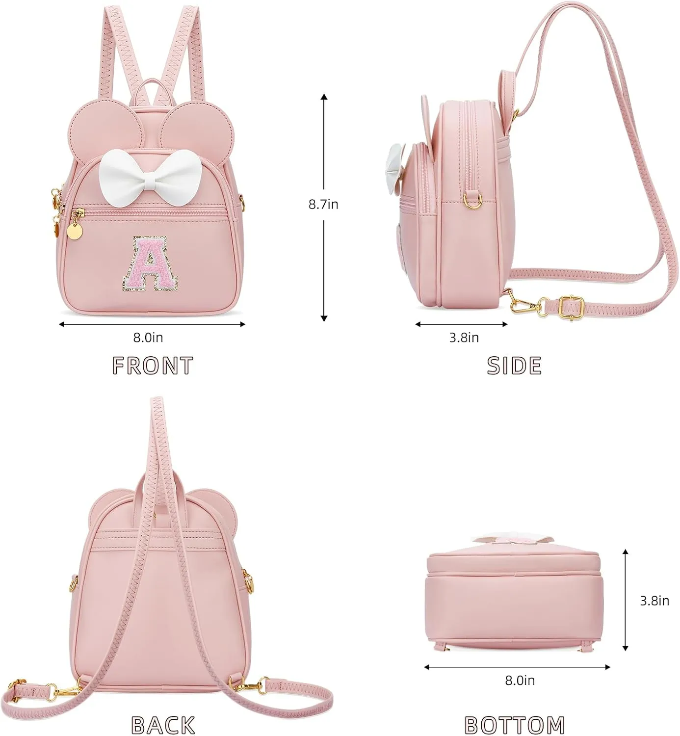 KKXIU Girls Initial Bowknot Cute Mini Backpack Small Women Daypacks, Personalized Trendy Stuff Gifts for Kids and Teen (A, Pink)