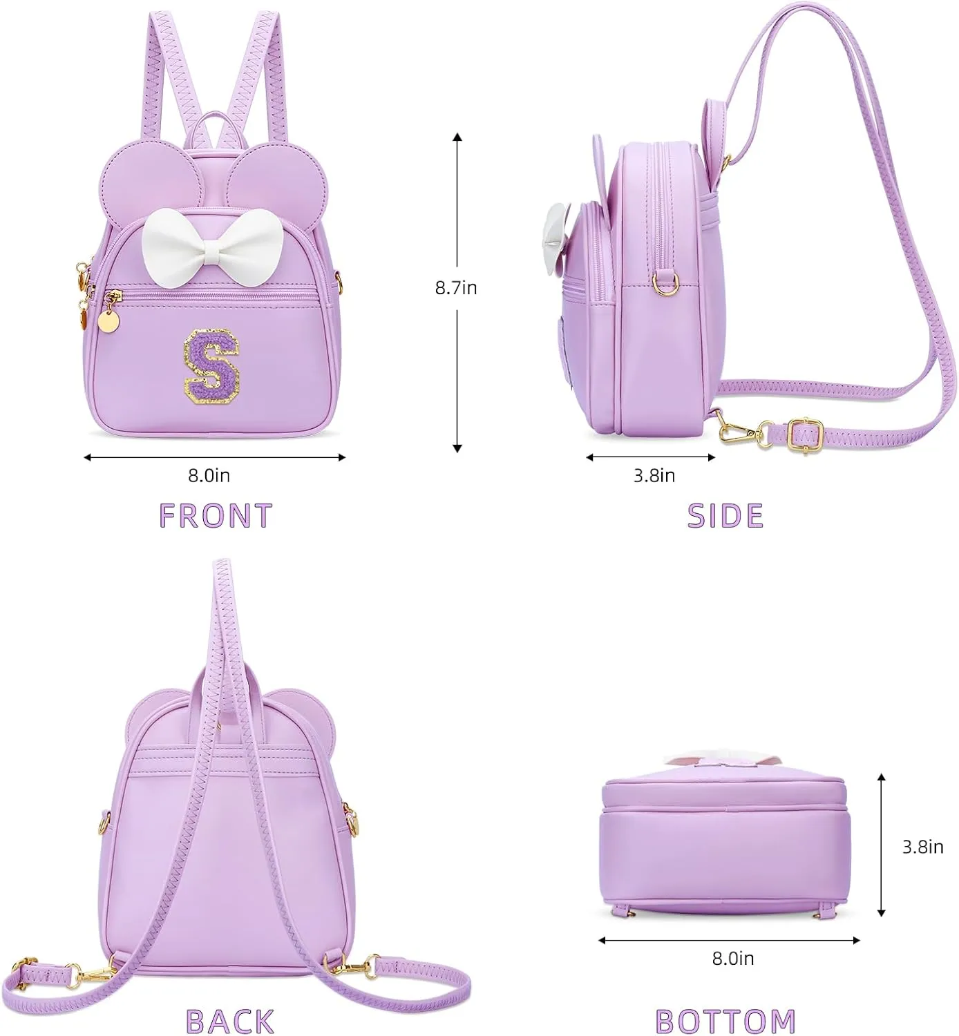 KKXIU Girls Initial Bowknot Cute Mini Backpack Small Women Daypacks, Personalized Trendy Stuff Gifts for Kids and Teen - Purple - S