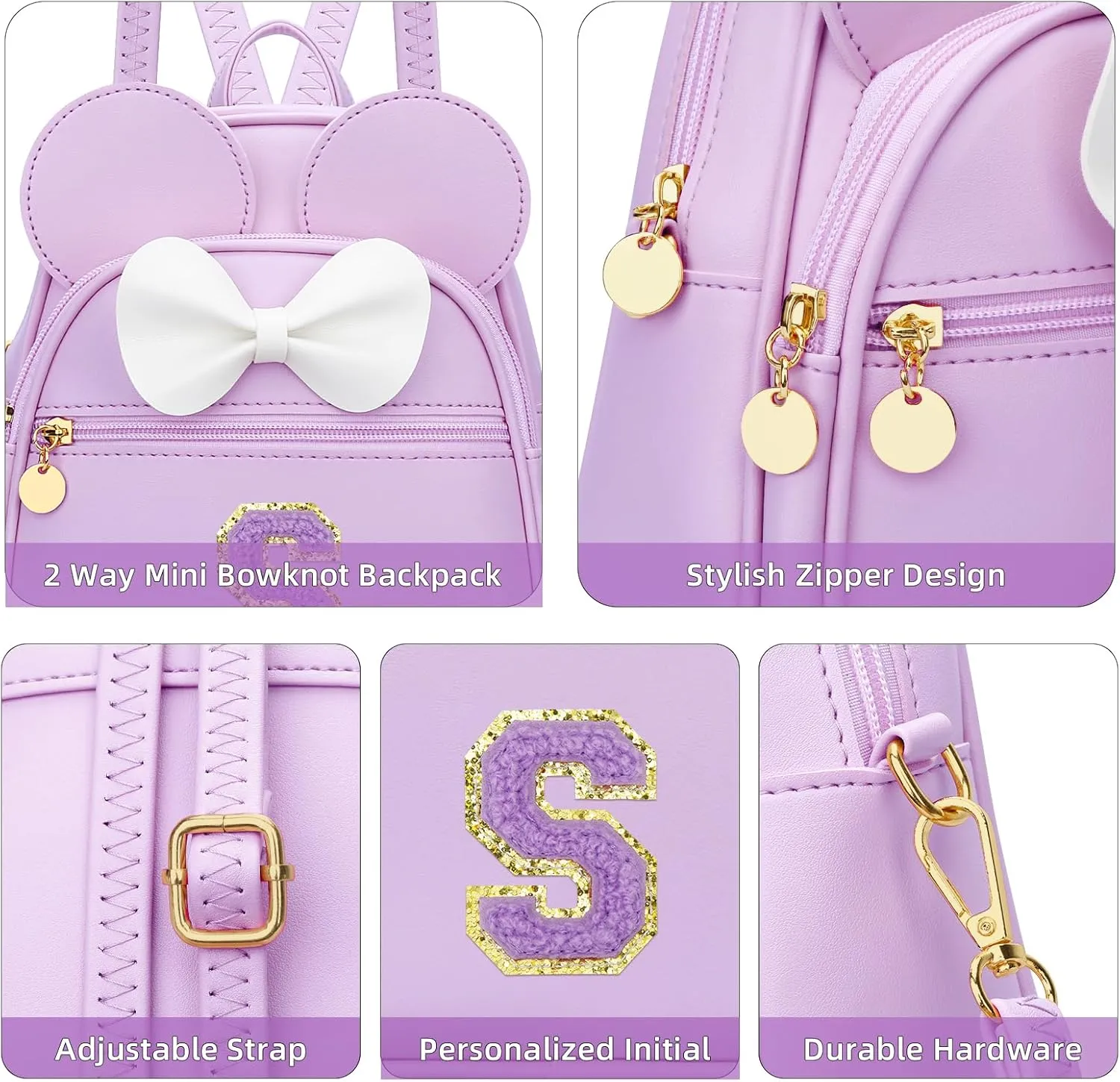 KKXIU Girls Initial Bowknot Cute Mini Backpack Small Women Daypacks, Personalized Trendy Stuff Gifts for Kids and Teen - Purple - S