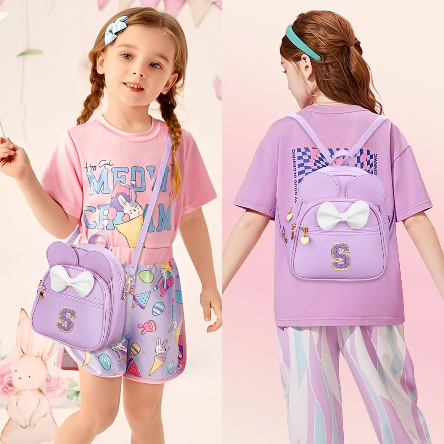 KKXIU Girls Initial Bowknot Cute Mini Backpack Small Women Daypacks, Personalized Trendy Stuff Gifts for Kids and Teen - Purple - S