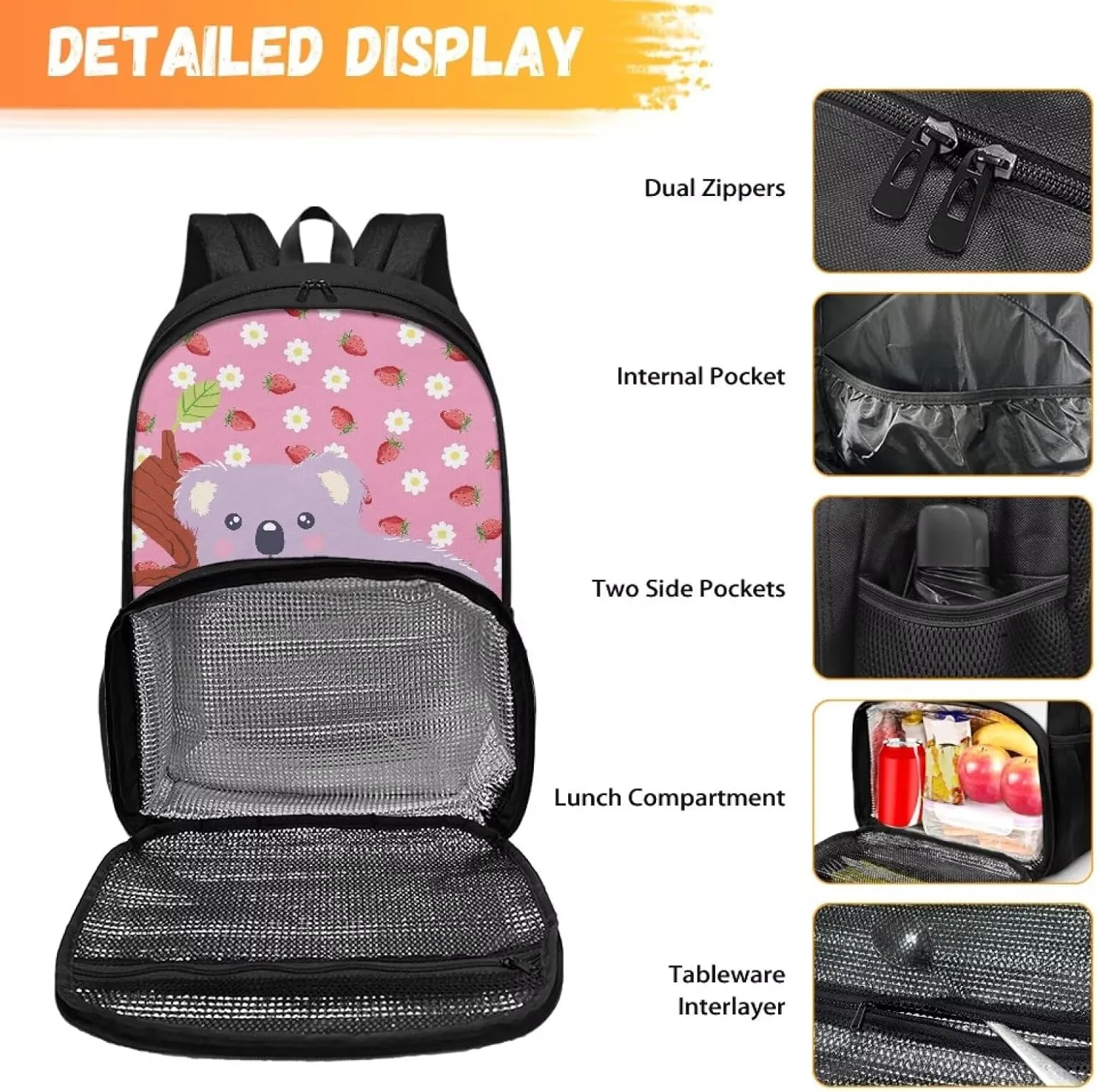 Koala Backpack for Girls School Backpack with Food Compartment Insulated Cooler All-in-One Bookbags for 6th Grade Girls Boys Kids School Bag for Daily Life or Picnic