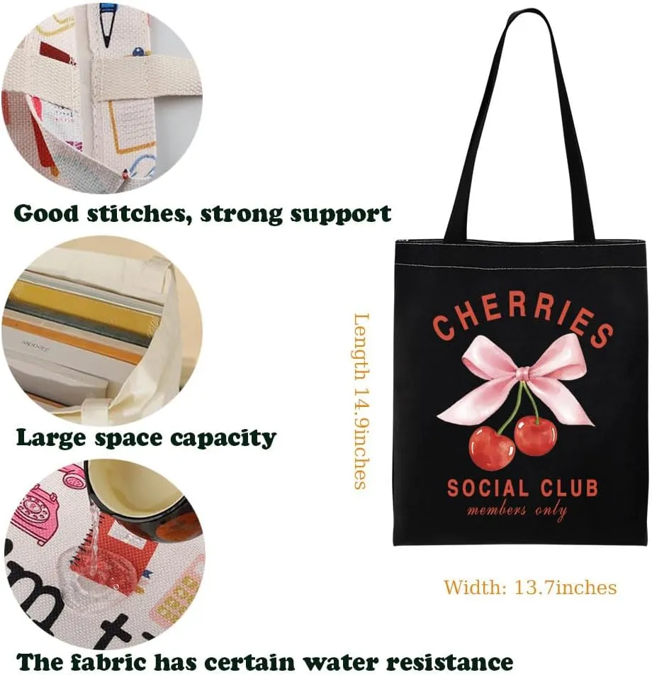 KUIYAI Coquette Cherry Tote Bag - Soft Girlie Gift with Pink Bow & Cherries