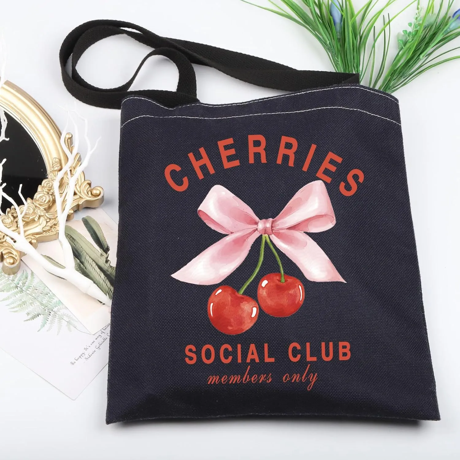KUIYAI Coquette Cherry Tote Bag - Soft Girlie Gift with Pink Bow & Cherries