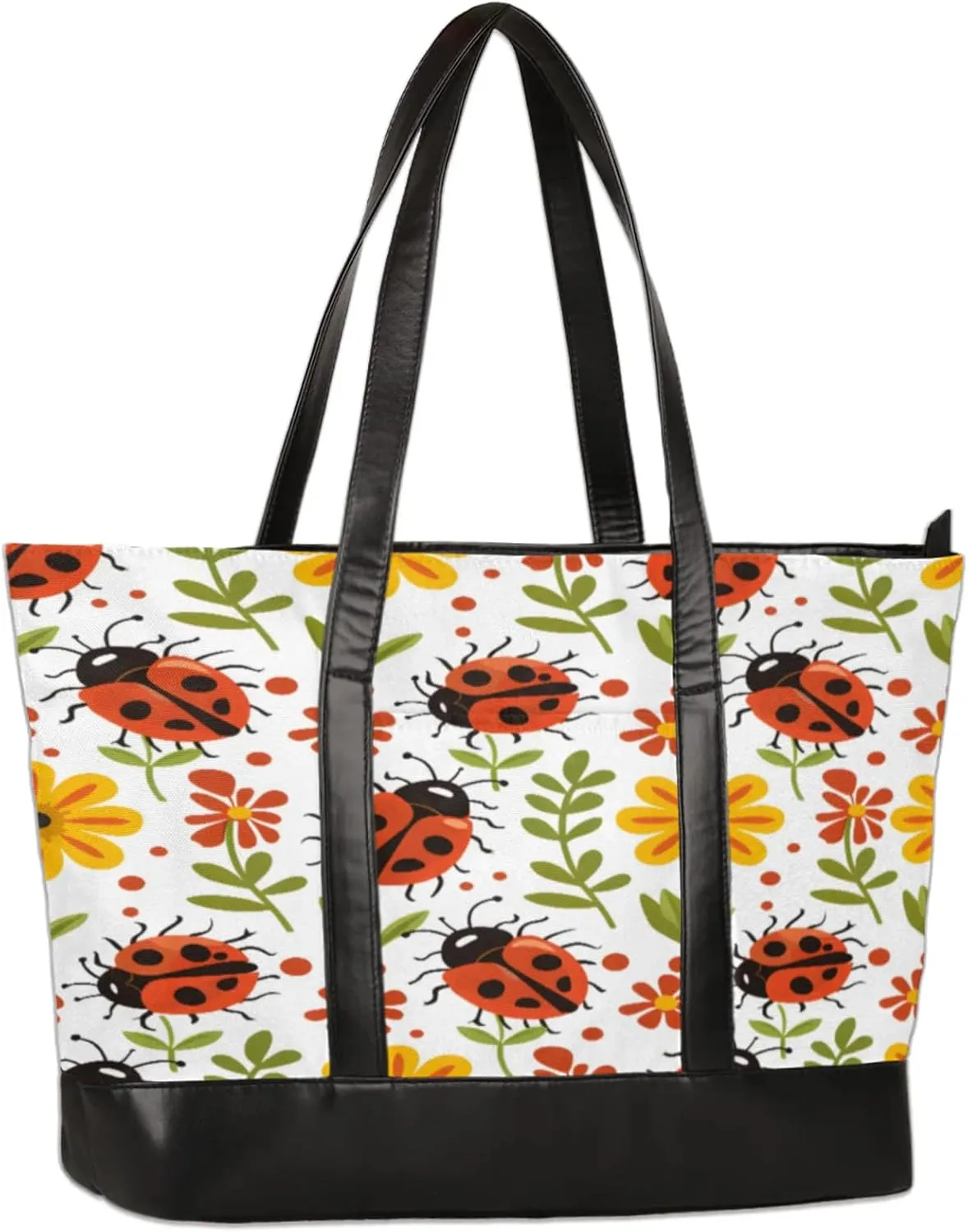 Ladybird Flower Leaves Laptop Tote Bag for Women Lightweight Work Purse with Multiple Compartments Fits 13-15.6 Inch Laptop Tablet Shoulder Bag for Office Travel Daily Use