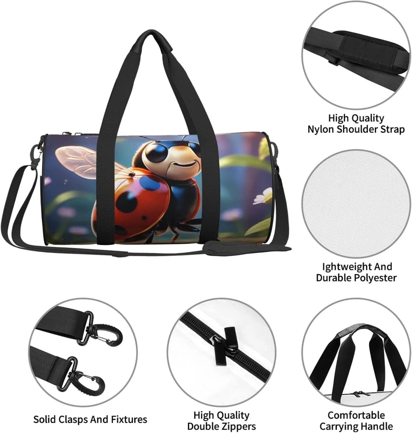 ladybug Printed Travel Bag,Round Personal Item Storage bag,Foldie Duffel Bag for Traveling Vacation,Fitness,Sports