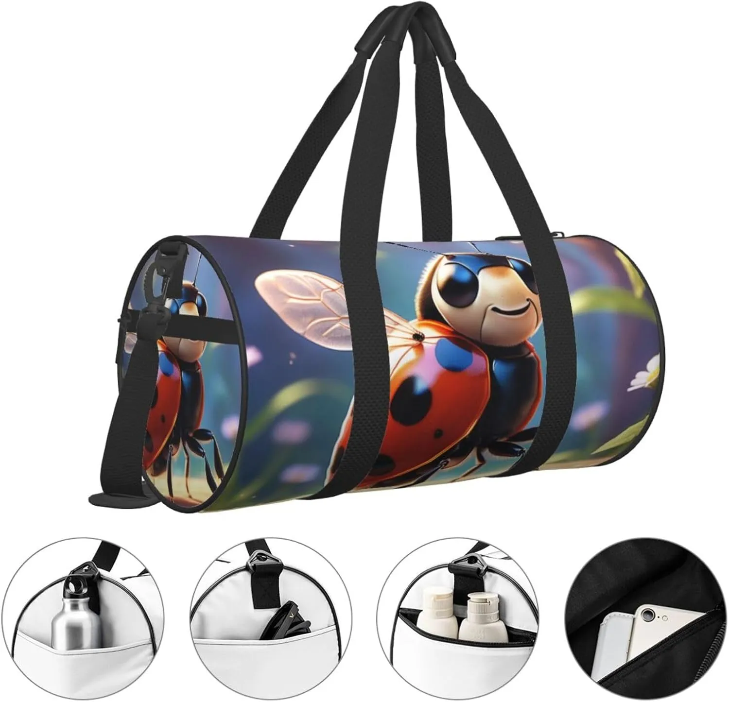 ladybug Printed Travel Bag,Round Personal Item Storage bag,Foldie Duffel Bag for Traveling Vacation,Fitness,Sports