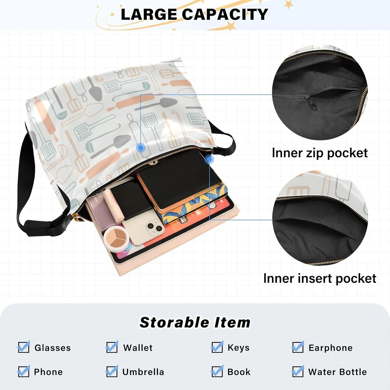 Lady's Leather Handbag with Zipper Adjustable Strap Shoulder Soft Hobo Crossboby Bag Pattern 1