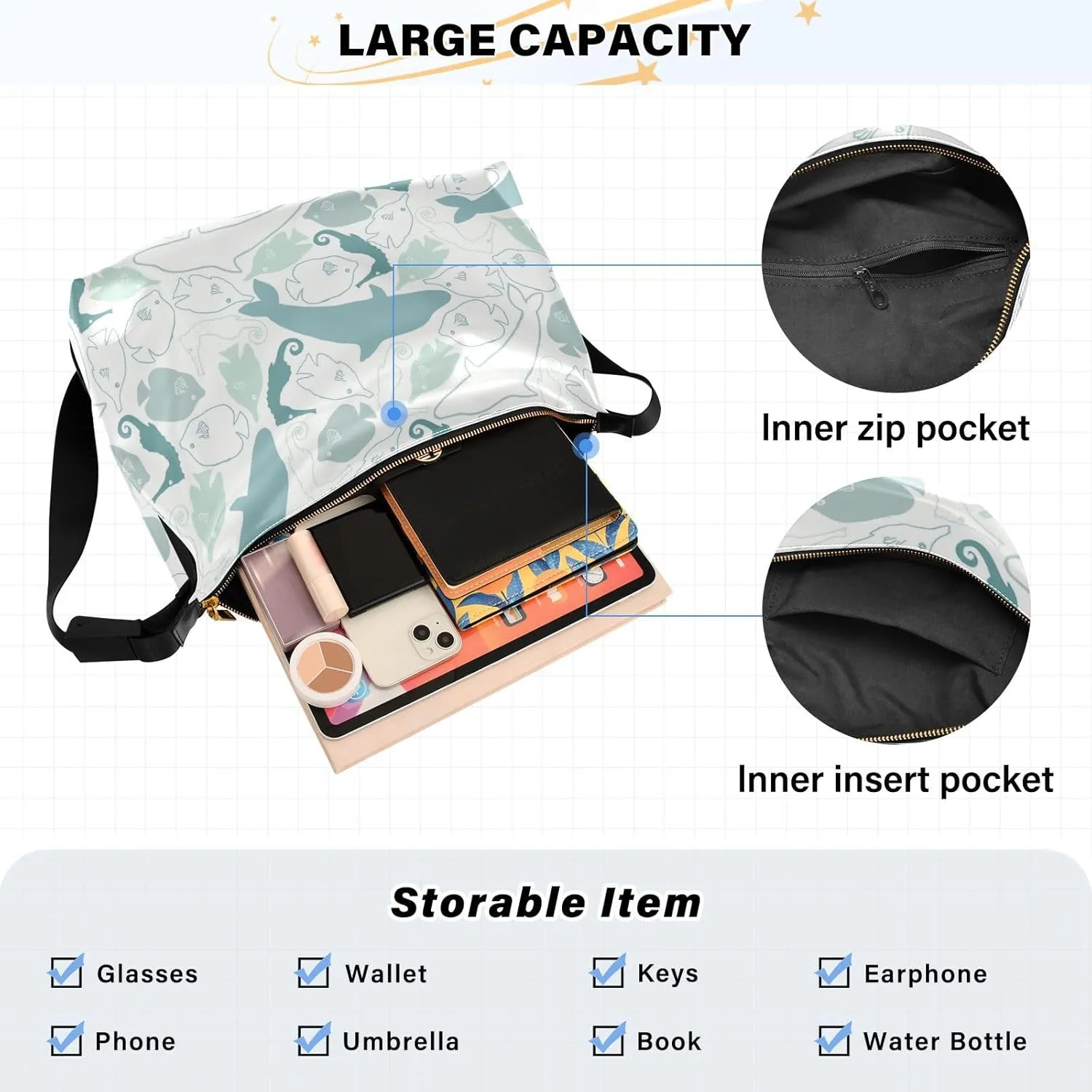 Lady's Leather Handbag with Zipper Adjustable Strap Shoulder Soft Hobo Crossboby Bag Pattern 1