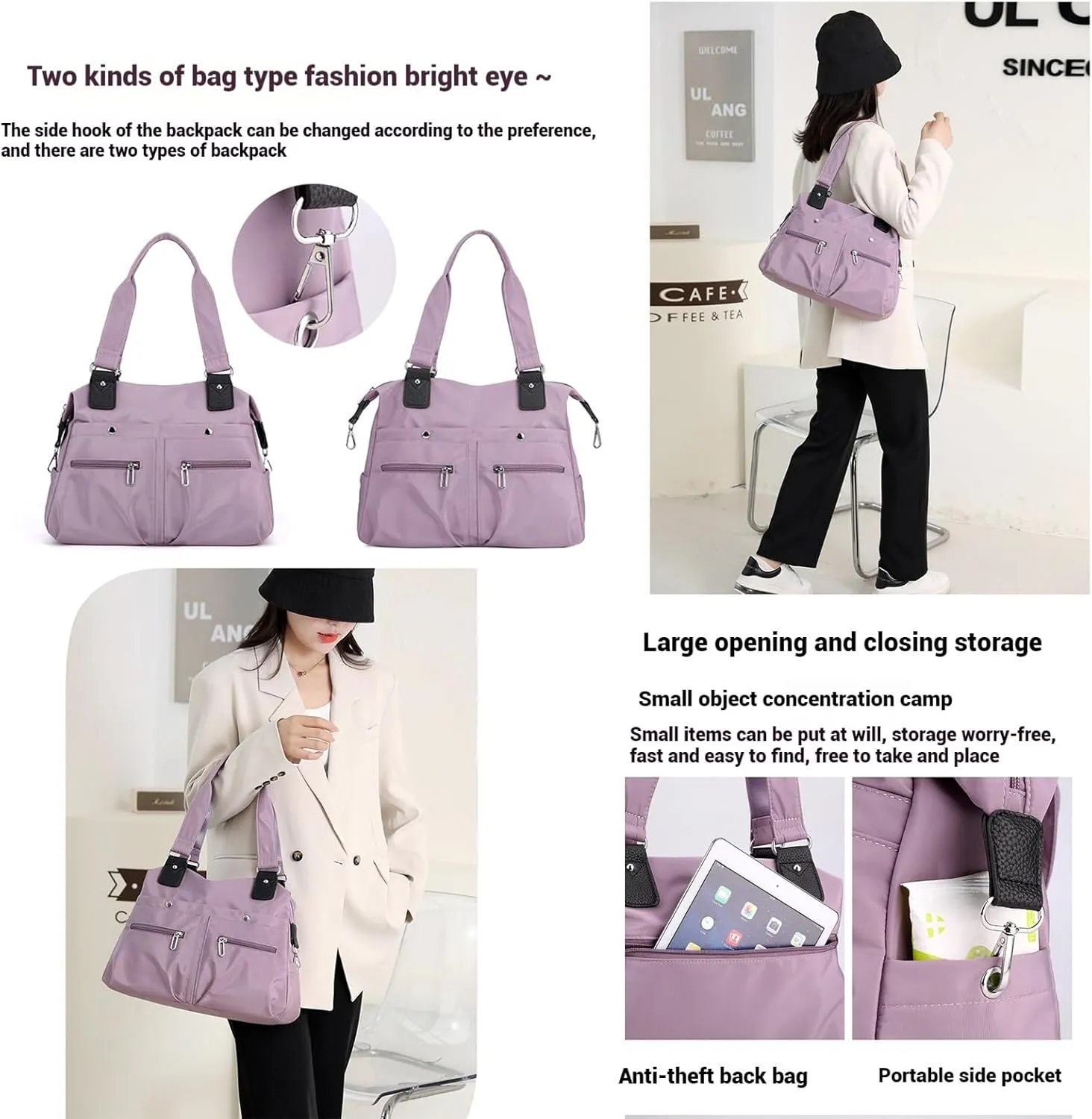 Langrents Nylon Tote Bag,Waterproof Large Capacity Multi Pocket Shoulder Bag, Crossbody Travel Bag For Women
