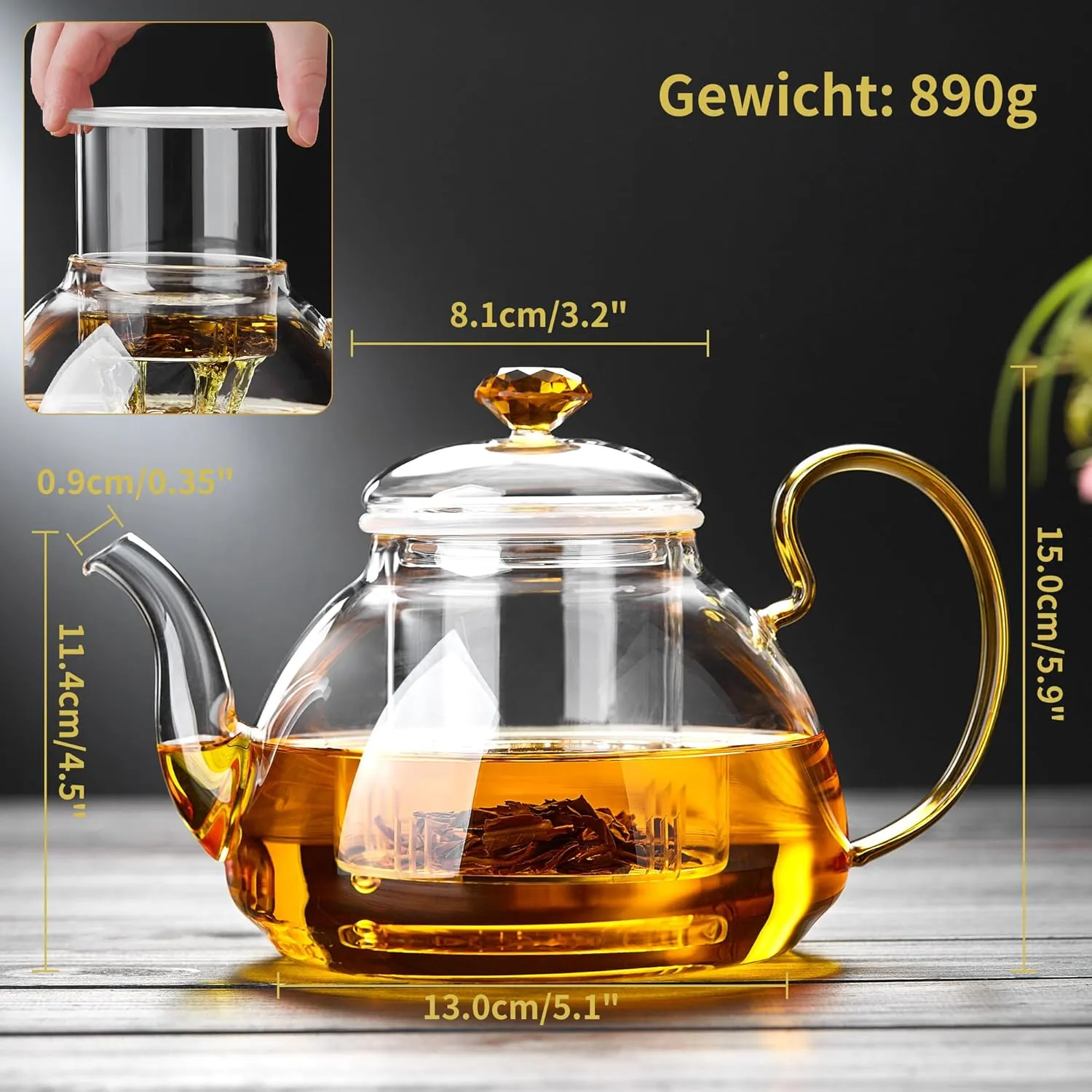 Large Capacity Glass Teapot with Removable Infuser, Stovetop Safe, Thickened Heat-Resistant Borosilicate Glass, 46 fl oz