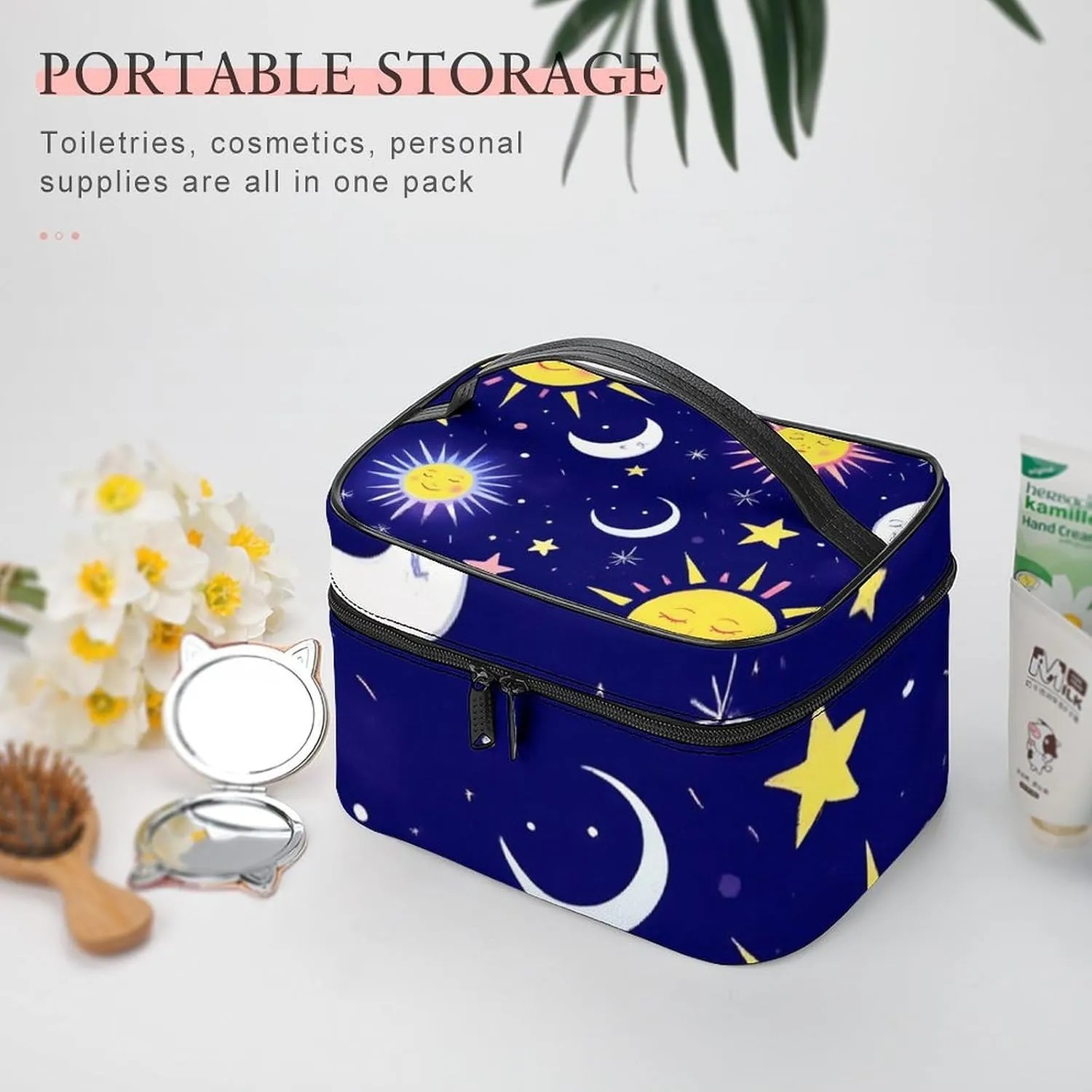 Large Capacity Makeup Bag for Women, Multifunctional Portable Cosmetic Case Sun Moon Stars Zodiac Goth Purple Space Galaxy Constellation Toiletry Organizer Bag Travel Accessories