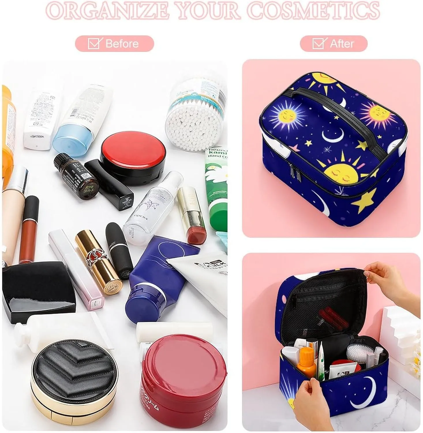 Large Capacity Makeup Bag for Women, Multifunctional Portable Cosmetic Case Sun Moon Stars Zodiac Goth Purple Space Galaxy Constellation Toiletry Organizer Bag Travel Accessories
