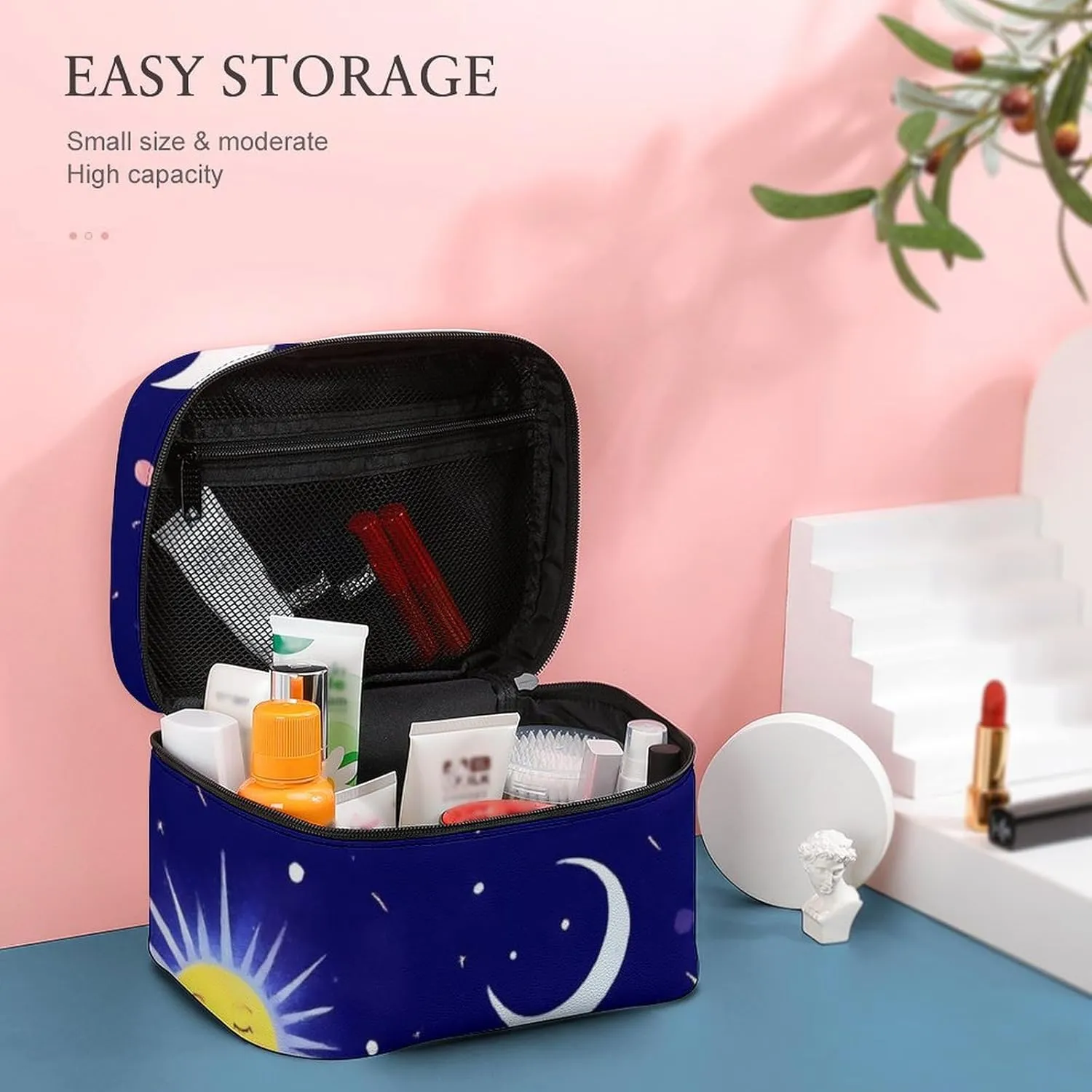 Large Capacity Makeup Bag for Women, Multifunctional Portable Cosmetic Case Sun Moon Stars Zodiac Goth Purple Space Galaxy Constellation Toiletry Organizer Bag Travel Accessories