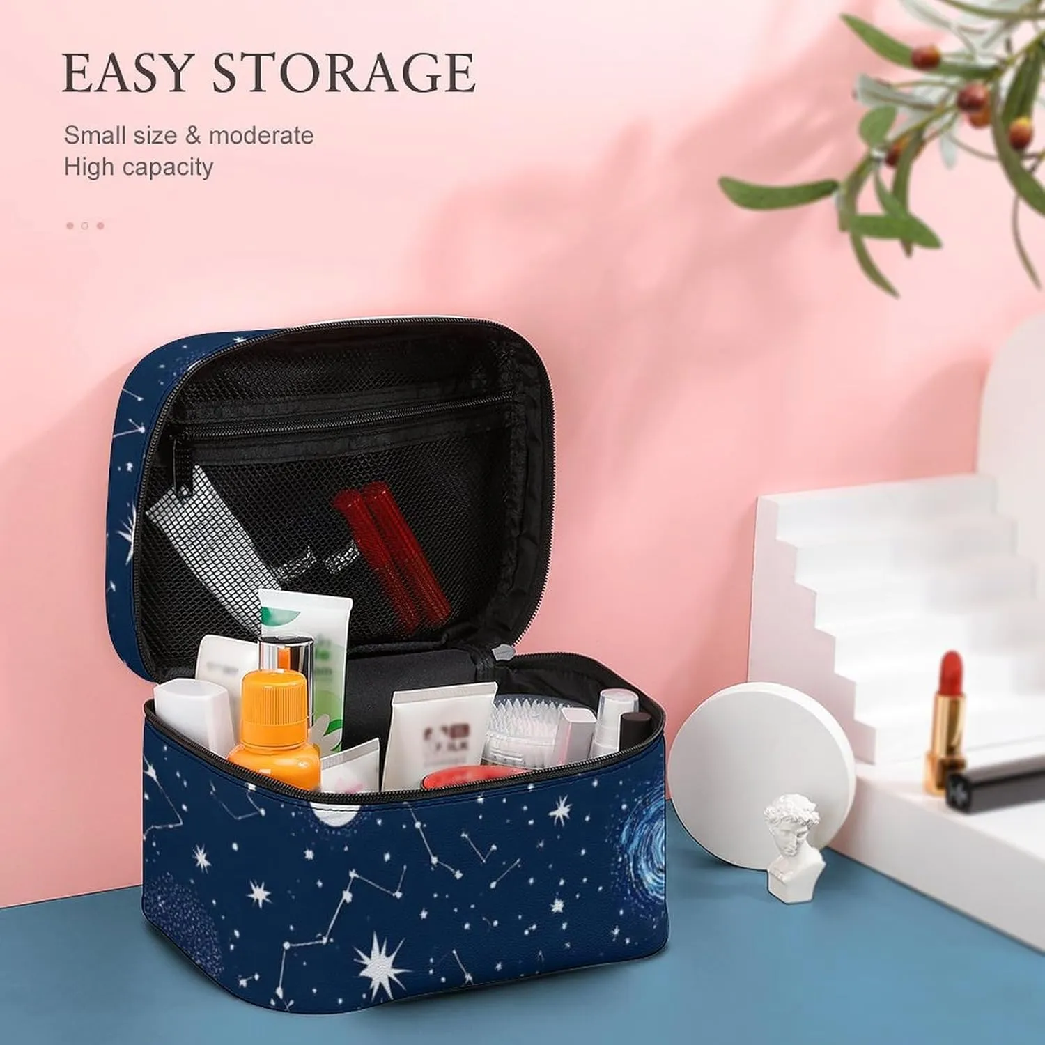 Large Capacity Makeup Bag for Women, Multifunctional Portable Cosmetic Case Zodiac Constellation Galaxy Starry Night Stars Glow In The Dark Midnight Toiletry Organizer Bag Travel Accessories