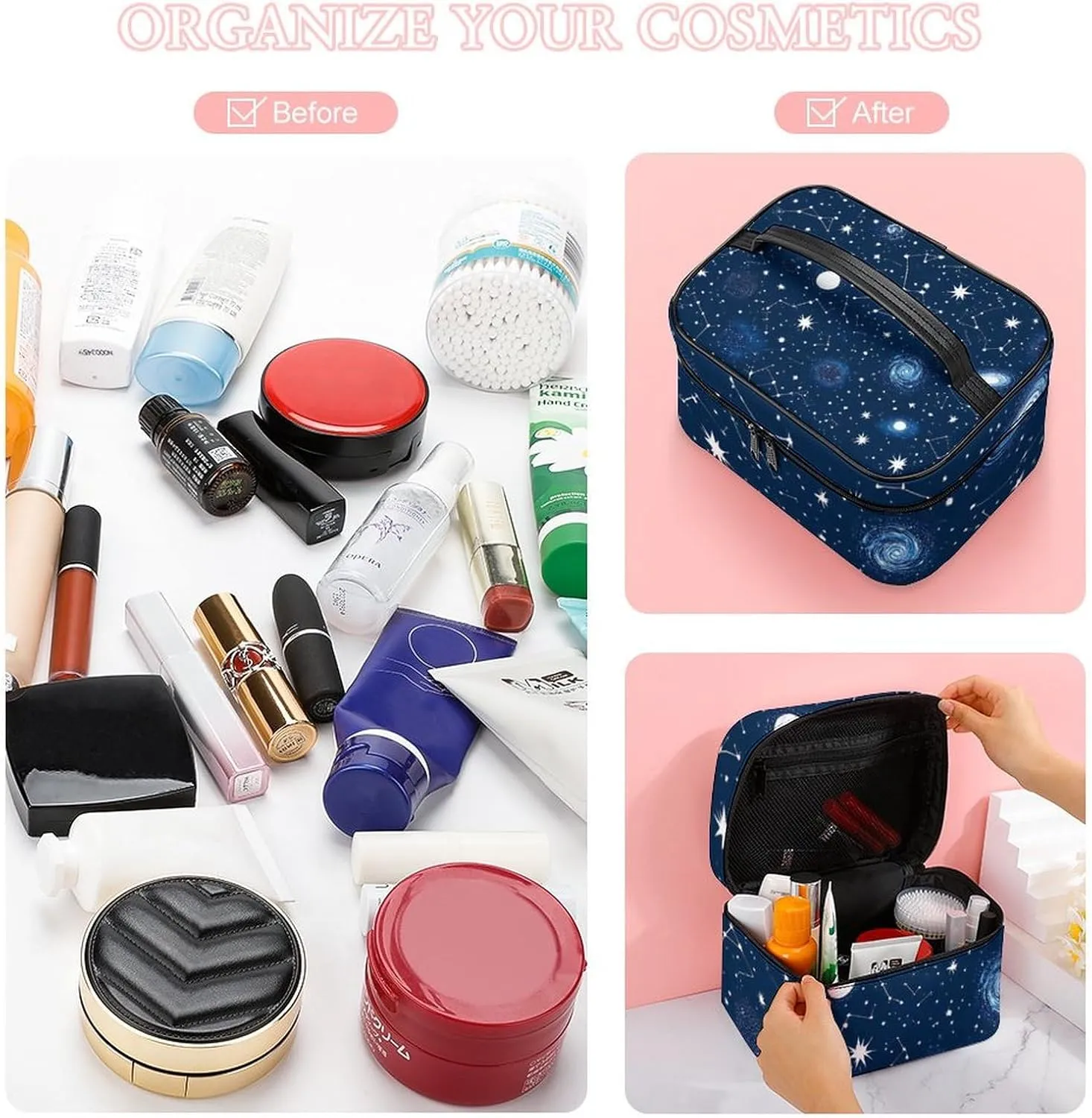 Large Capacity Makeup Bag for Women, Multifunctional Portable Cosmetic Case Zodiac Constellation Galaxy Starry Night Stars Glow In The Dark Midnight Toiletry Organizer Bag Travel Accessories