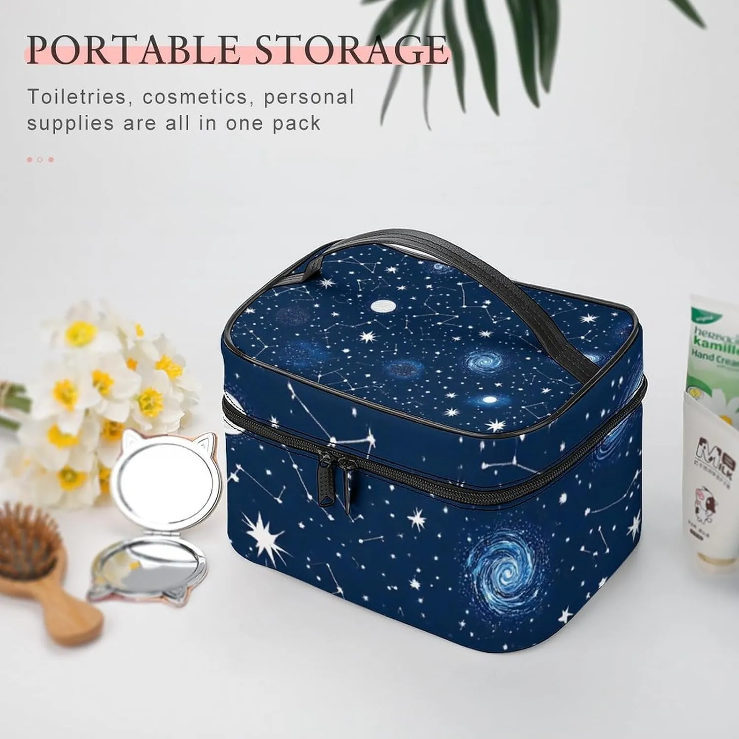 Large Capacity Makeup Bag for Women, Multifunctional Portable Cosmetic Case Zodiac Constellation Galaxy Starry Night Stars Glow In The Dark Midnight Toiletry Organizer Bag Travel Accessories