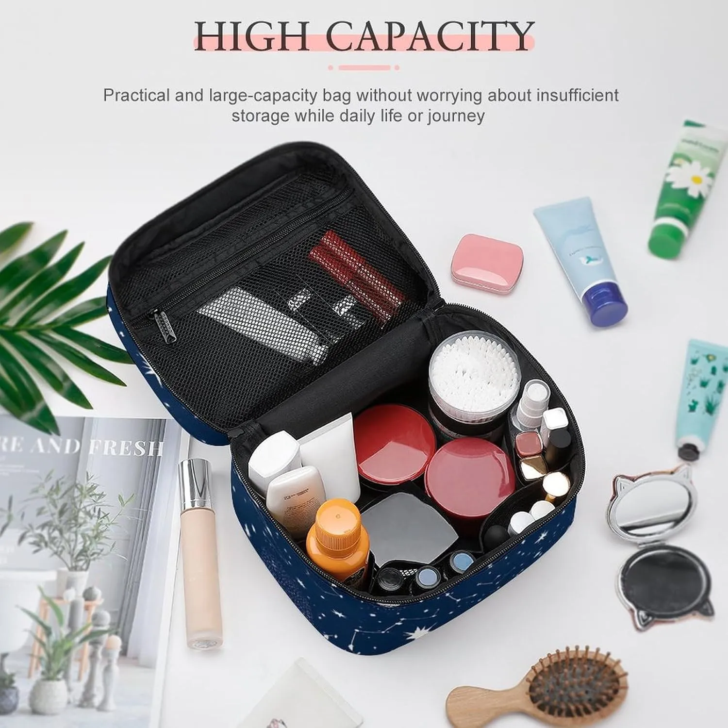 Large Capacity Makeup Bag for Women, Multifunctional Portable Cosmetic Case Zodiac Constellation Galaxy Starry Night Stars Glow In The Dark Midnight Toiletry Organizer Bag Travel Accessories