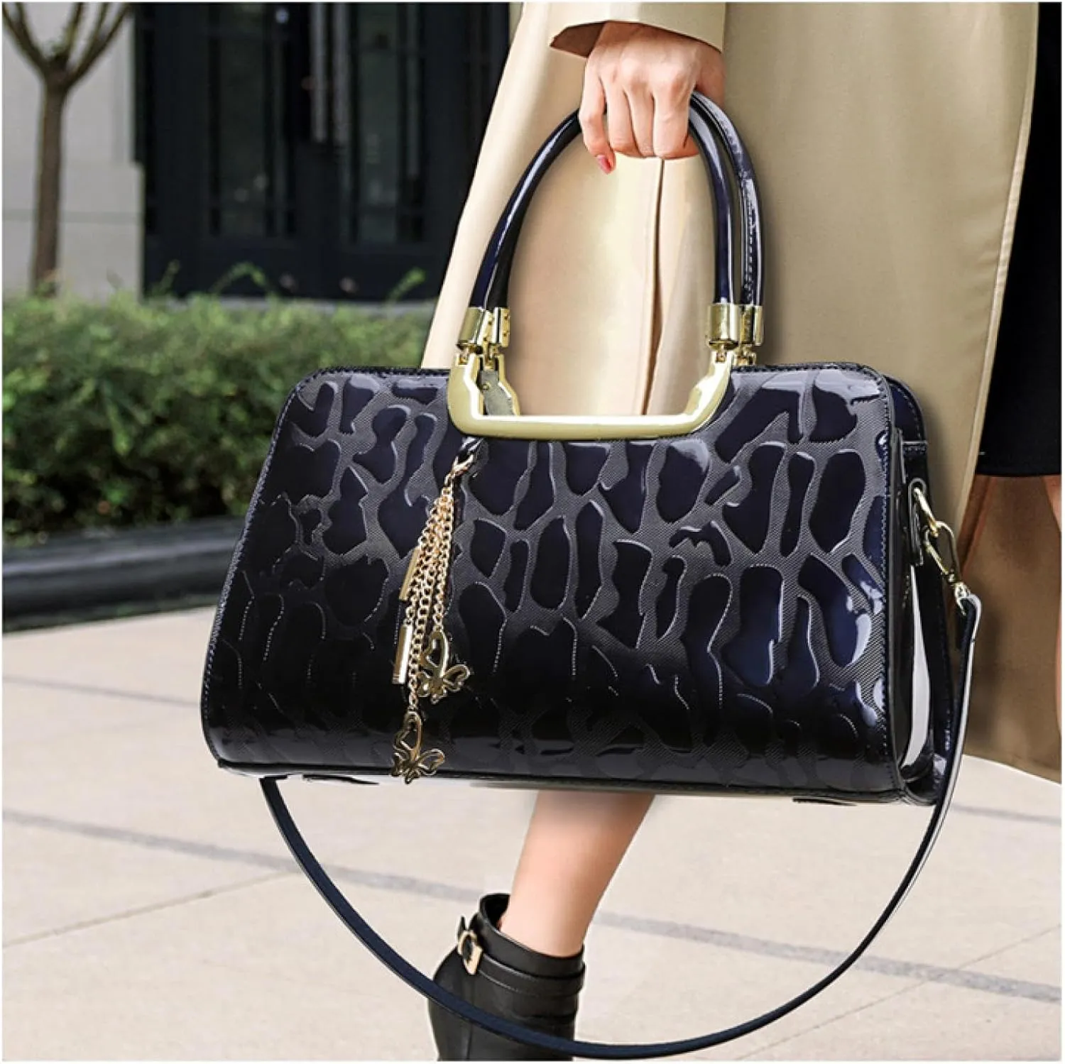 Large Capacity Women's Bag Women's Patent Leather Stone Pattern Shoulder Crossbody Bag