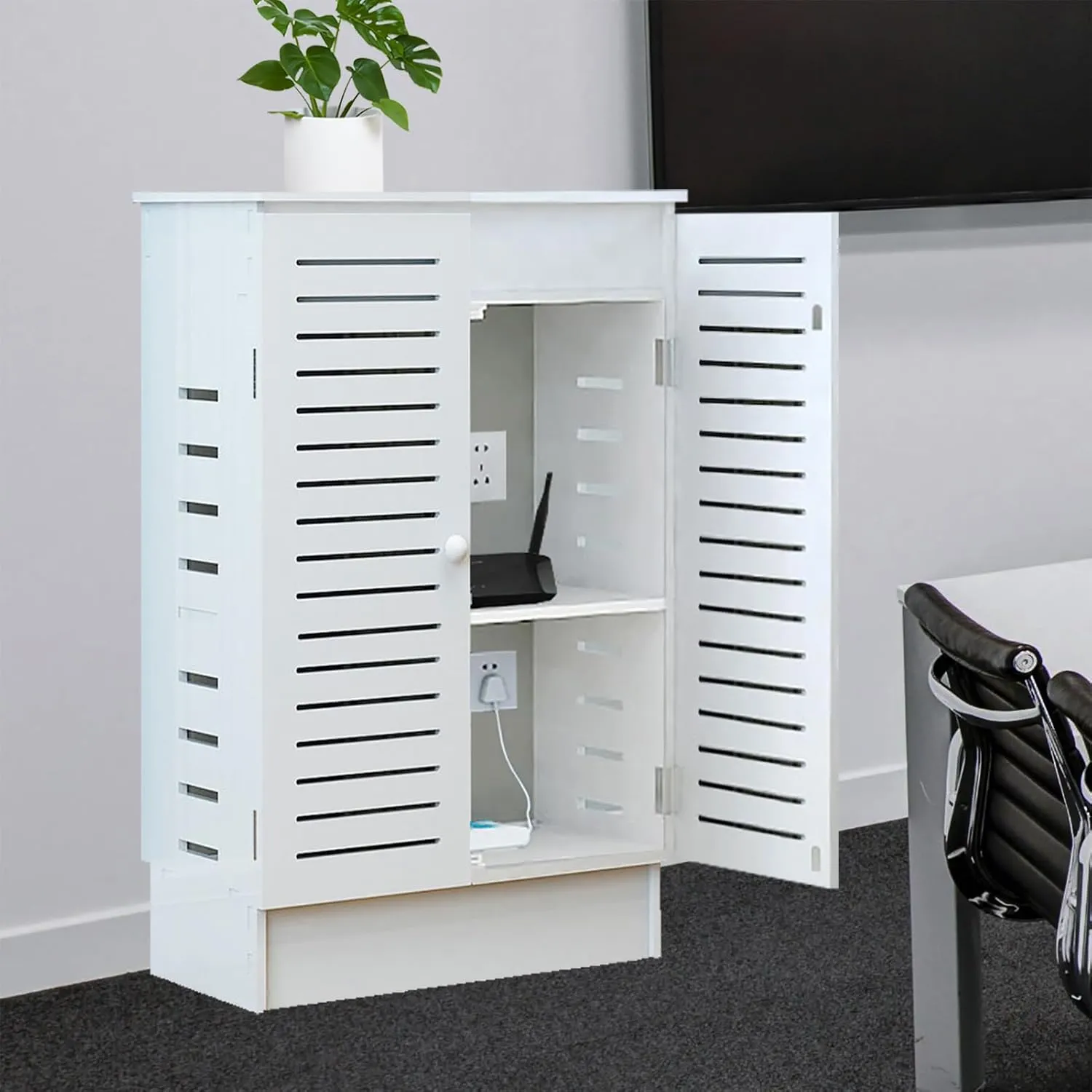 Large WiFi Router Storage Box, 19.7 X 9.8 X 27.5 IN , WiFi Router Cabinet with Adjustable Shelf, Router, Power Strip and Cable Management Hider Organizer for Home and Office (White, 19.6x27.5x9.8in)