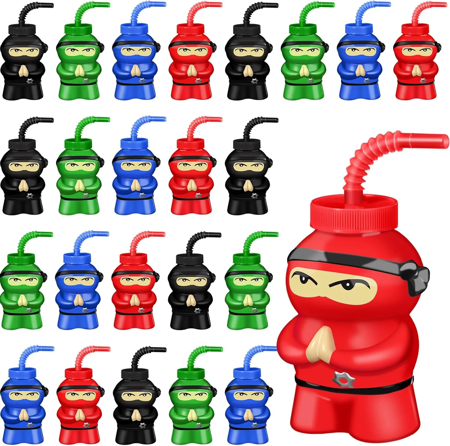 Layhit 24 Pcs 10 oz Ninja Plastic Shape Cup with Straw Ninja Birthday Supplies Party Favor Cups, Reusable Creative Cups Bulk for Birthday Party Favors(Red Black Blue Green)