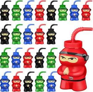 Layhit 24 Pcs 10 oz Ninja Plastic Shape Cup with Straw Ninja Birthday Supplies Party Favor Cups, Reusable Creative Cups Bulk for Birthday Party Favors(Red Black Blue Green)