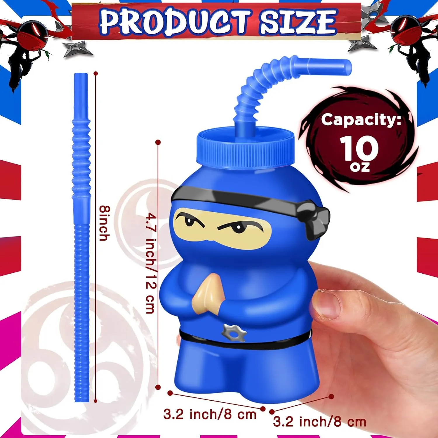 Layhit 24 Pcs 10 oz Ninja Plastic Shape Cup with Straw Ninja Birthday Supplies Party Favor Cups, Reusable Creative Cups Bulk for Birthday Party Favors(Red Black Blue Green)