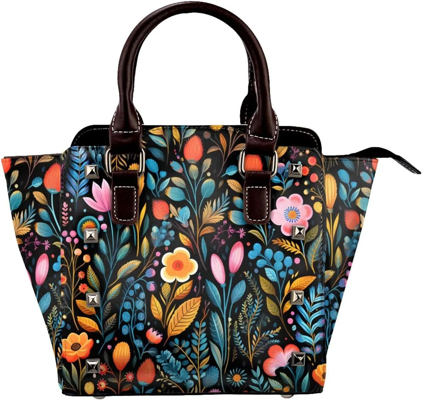 Leather Shoulder Bag for Women, Colorful Floral Studded Purse Spring Flower Crossbody Handbags Punk Hobo Bag with Adjustable Strap