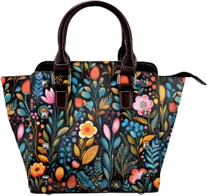 Leather Shoulder Bag for Women, Colorful Floral Studded Purse Spring Flower Crossbody Handbags Punk Hobo Bag with Adjustable Strap